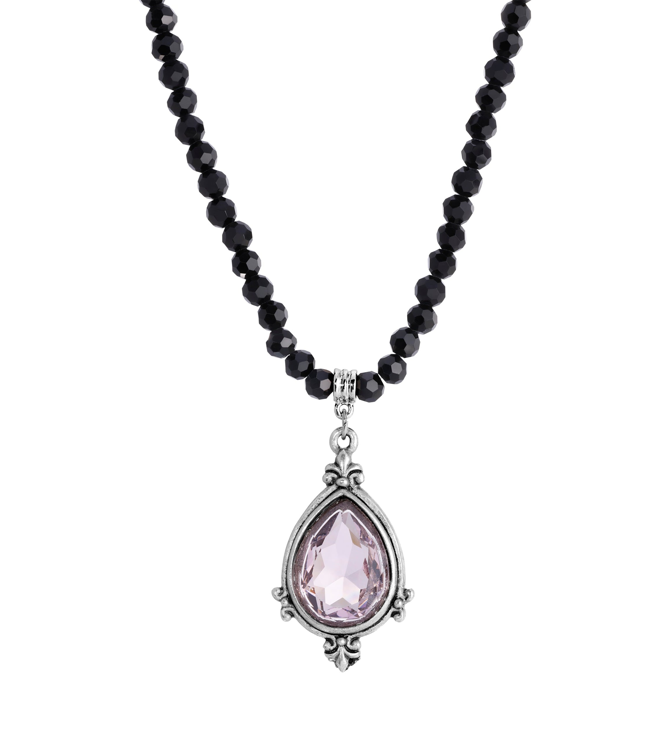 1928 Jewelry Amethyst Pear Shape Pendant & Black Glass Beaded Necklace 18"