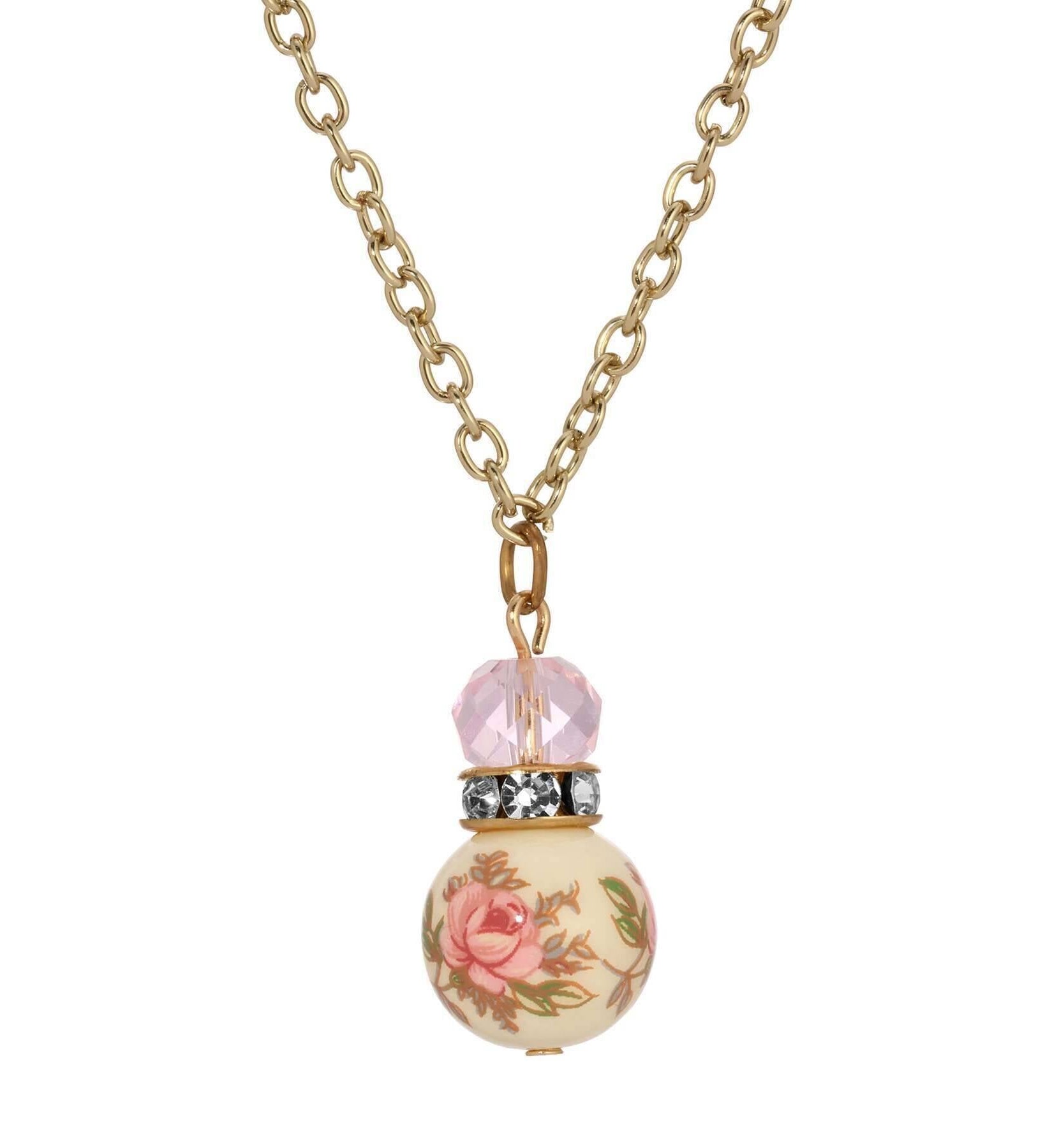 1928 Jewelry Pink Desert Rose Floral Decal Beaded Pendant Necklace 16" + 3" Extension