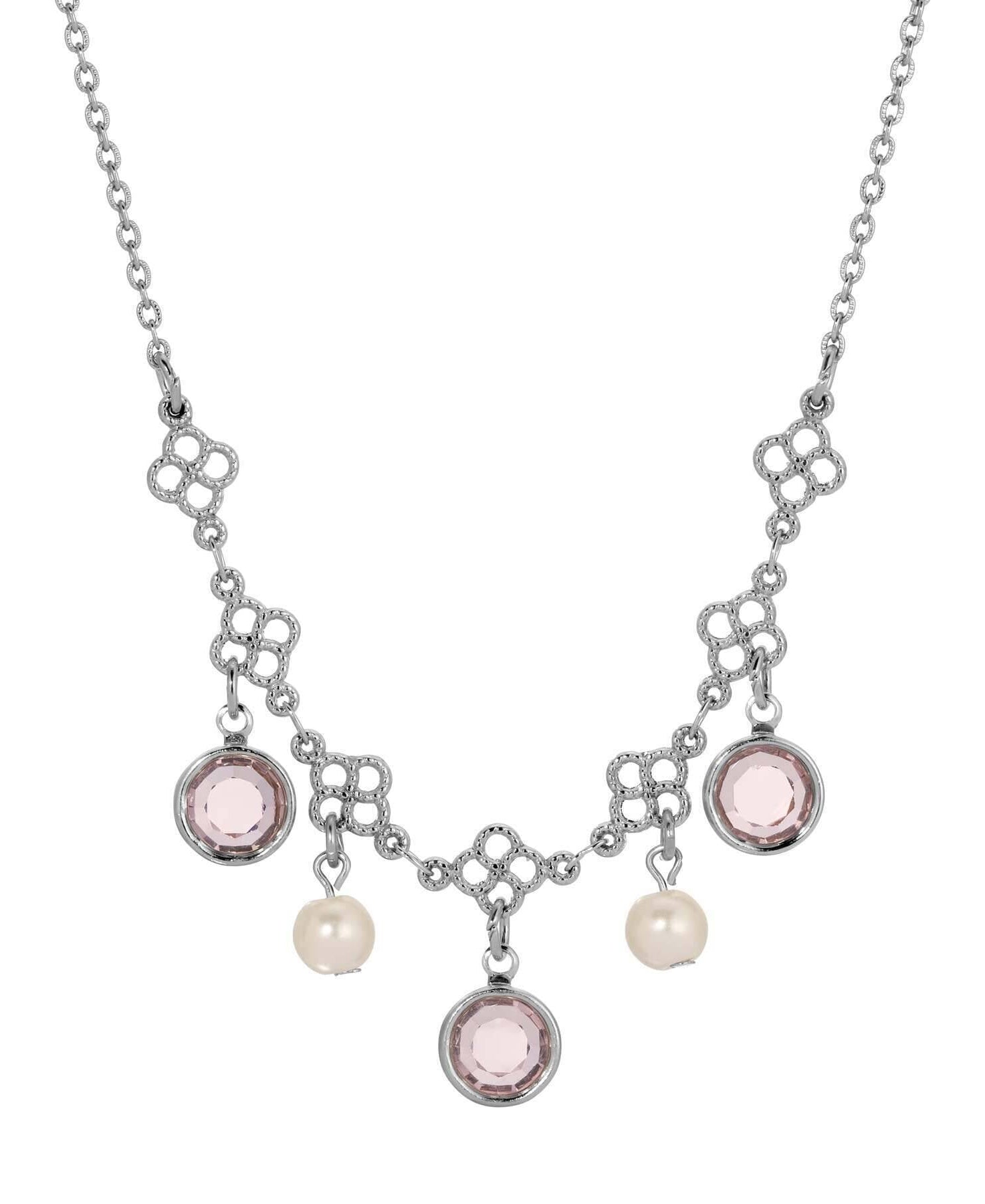 1928 Jewelry Crystal Channel Faux Pearl Drops Necklace 16"