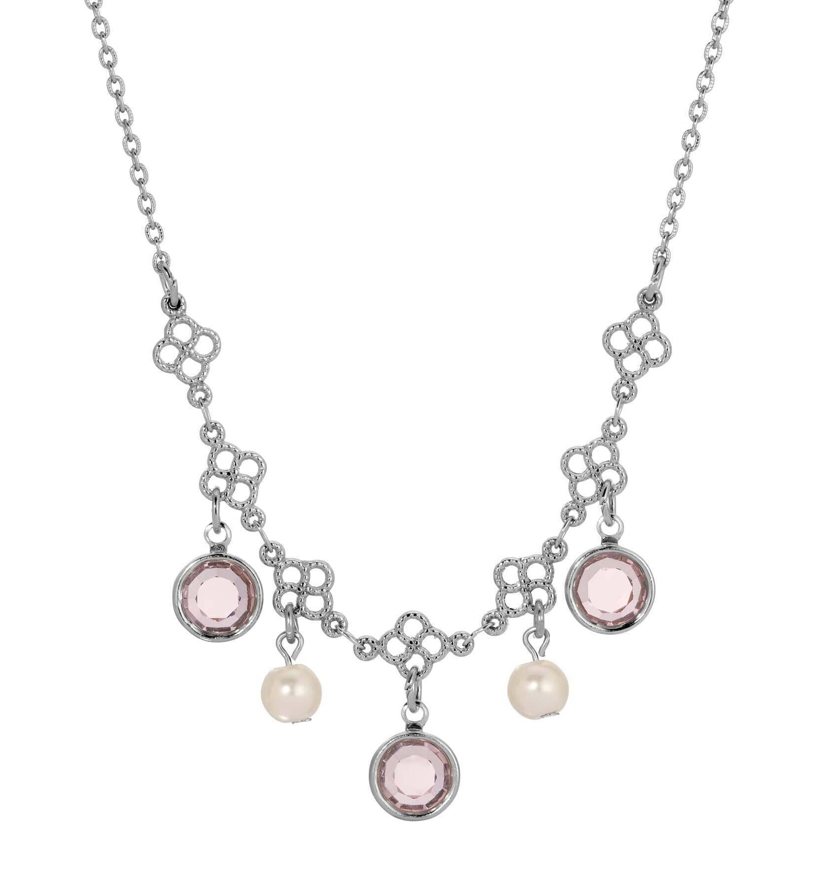 1928 Jewelry Crystal Channel Faux Pearl Drops Necklace 16"