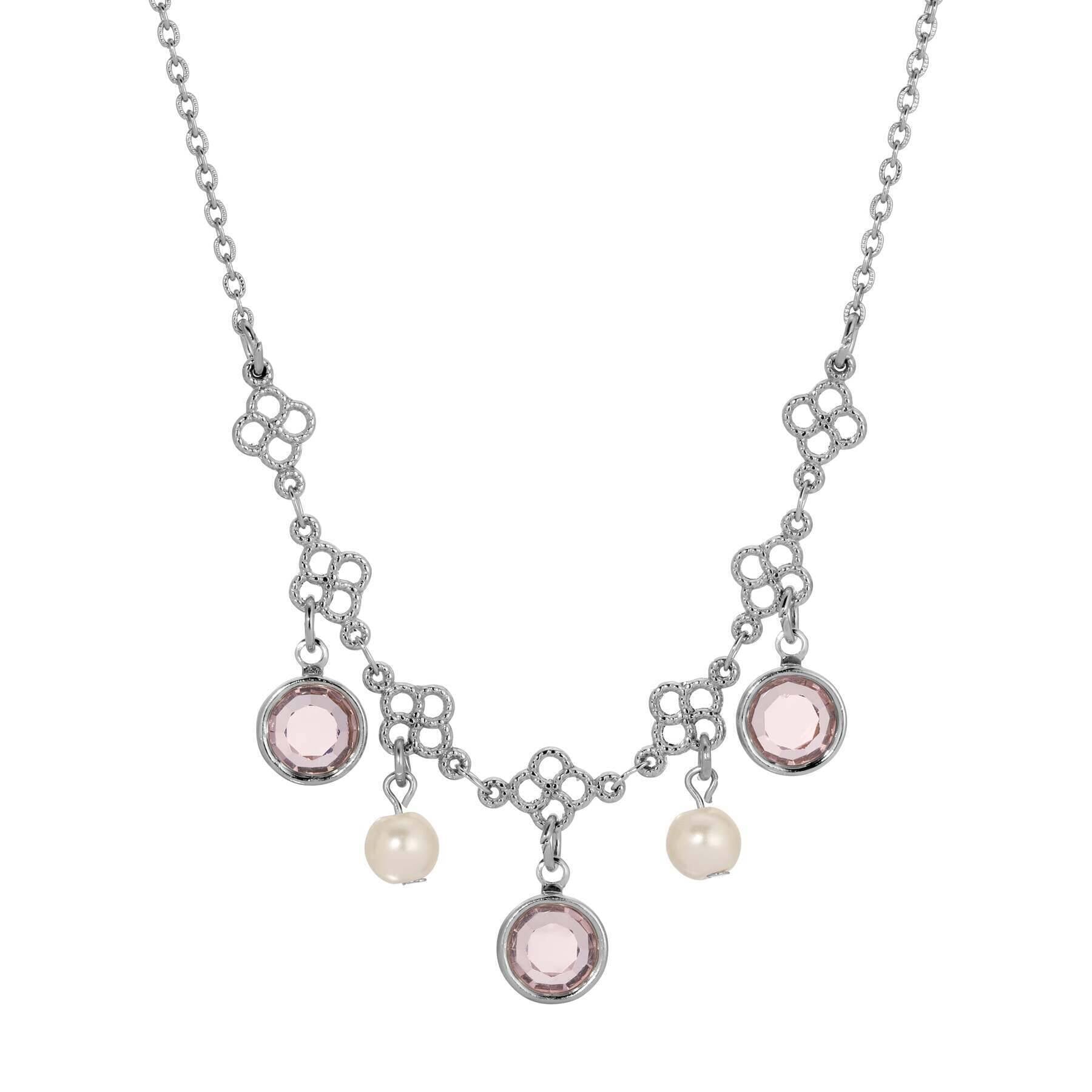 1928 Jewelry Crystal Channel Faux Pearl Drops Necklace 16"