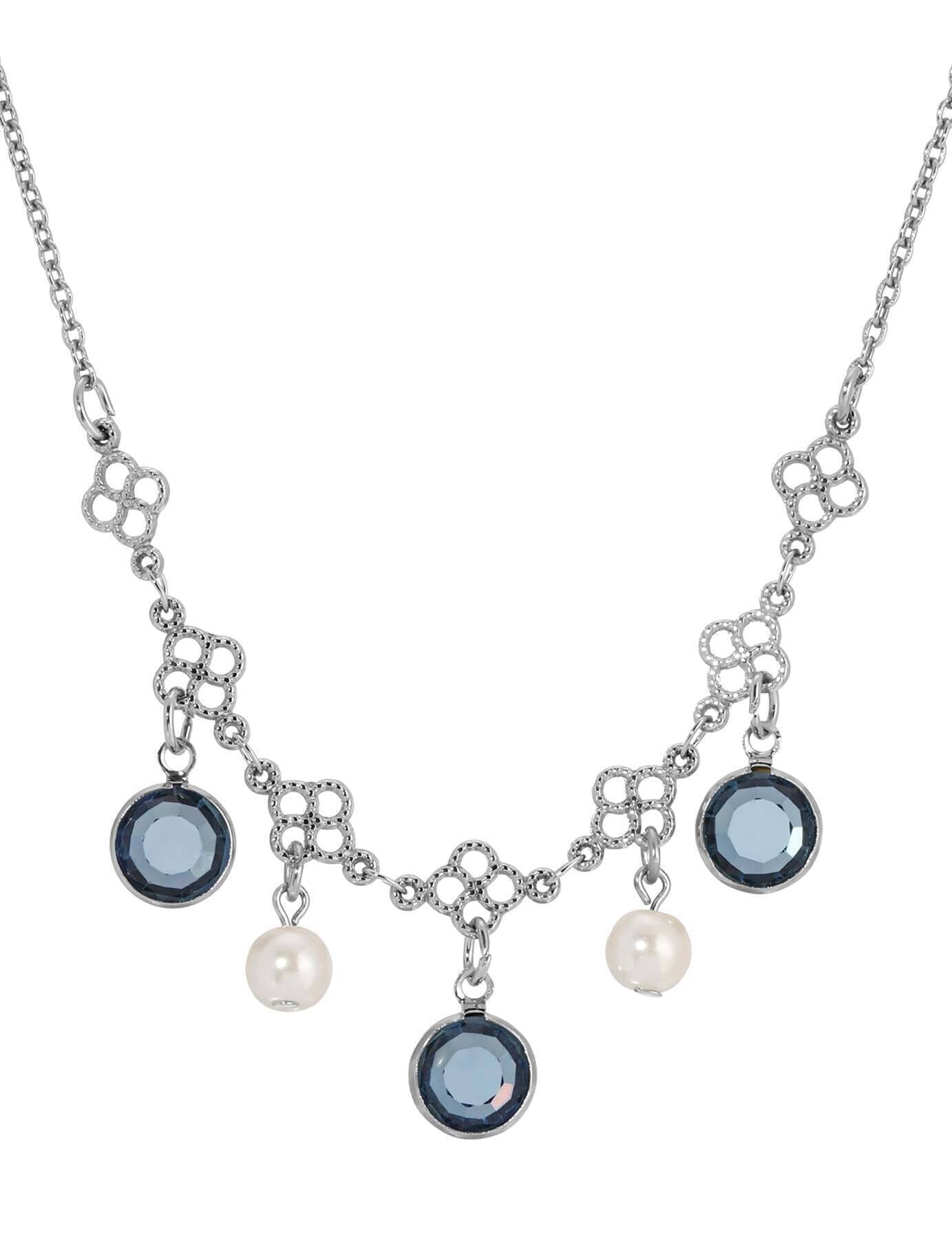 1928 Jewelry Crystal Channel Faux Pearl Drops Necklace 16"