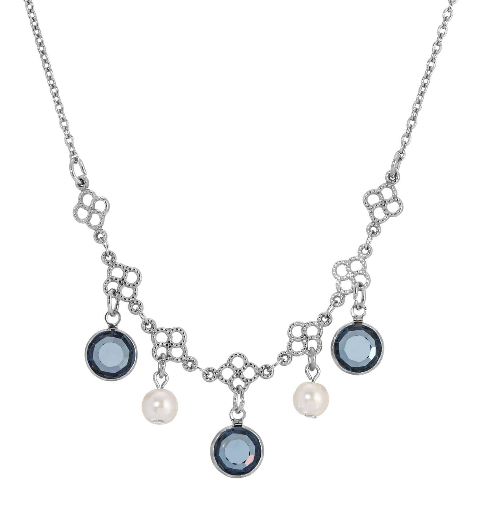 1928 Jewelry Crystal Channel Faux Pearl Drops Necklace 16"