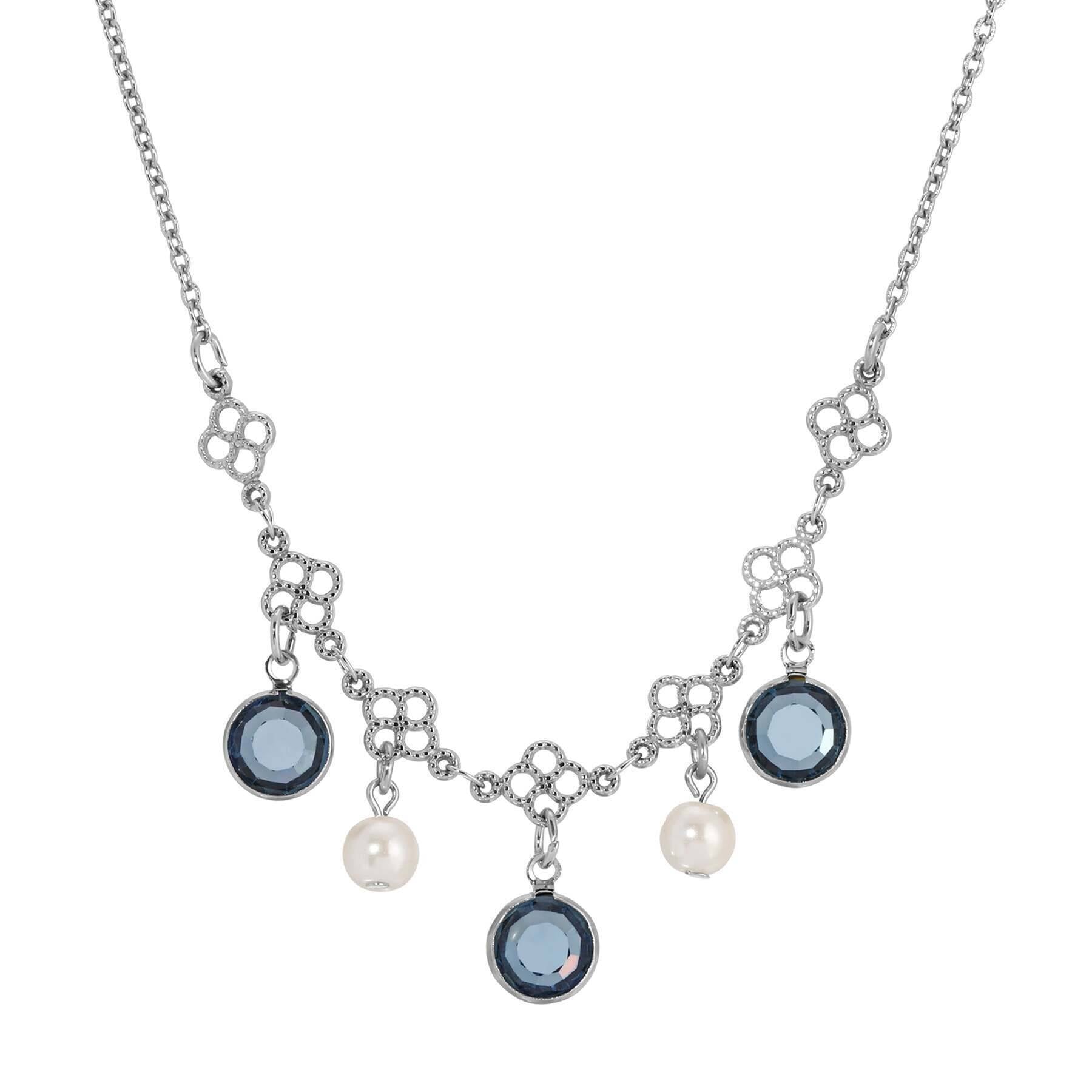 1928 Jewelry Crystal Channel Faux Pearl Drops Necklace 16"