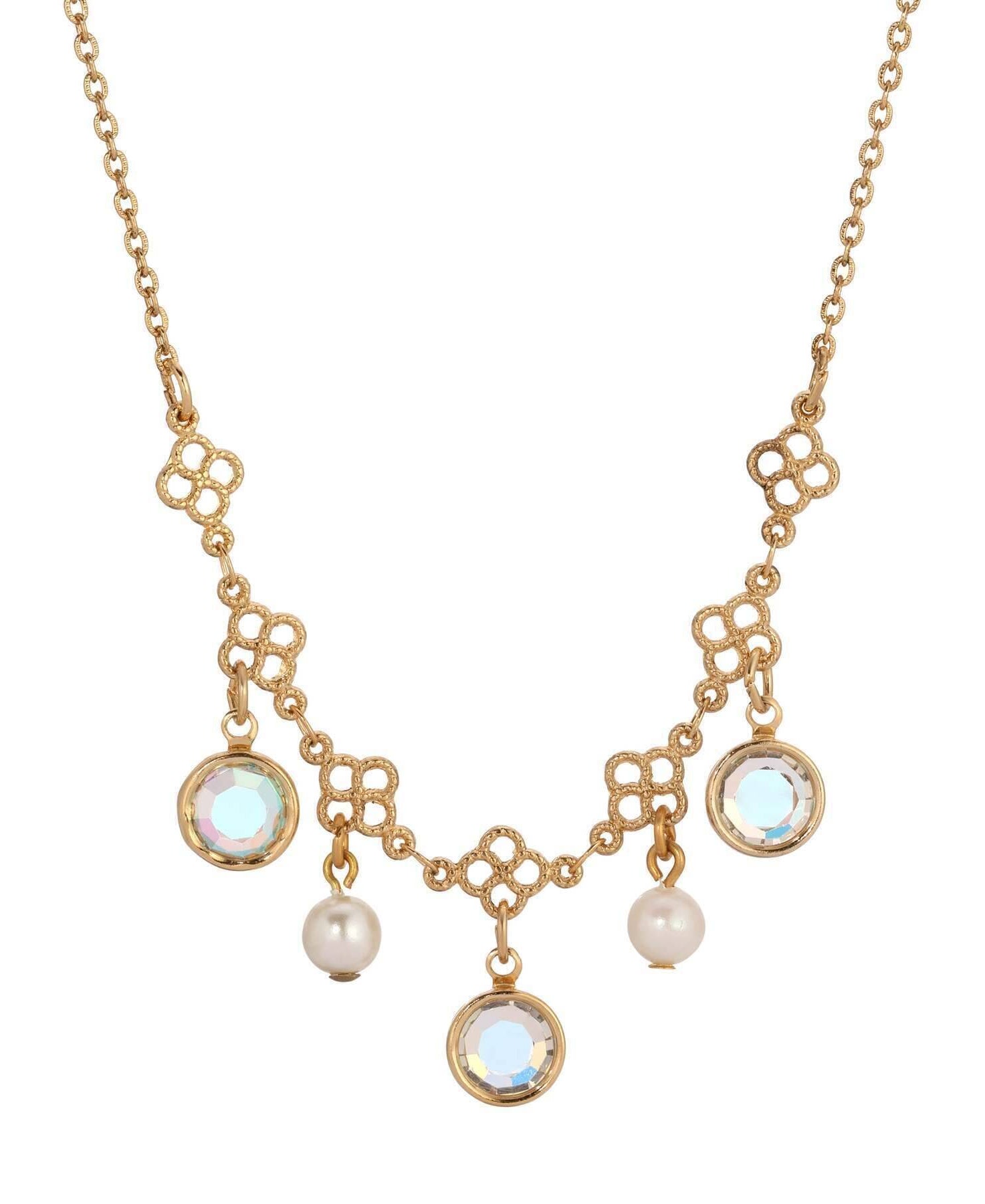 1928 Jewelry Crystal Channel Faux Pearl Drops Necklace 16"