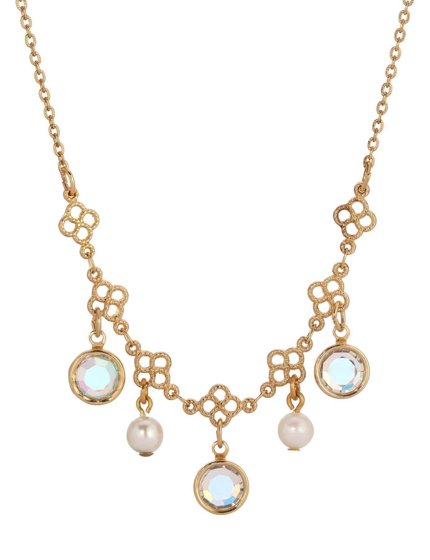 1928 Jewelry Crystal Channel Faux Pearl Drops Necklace 16"