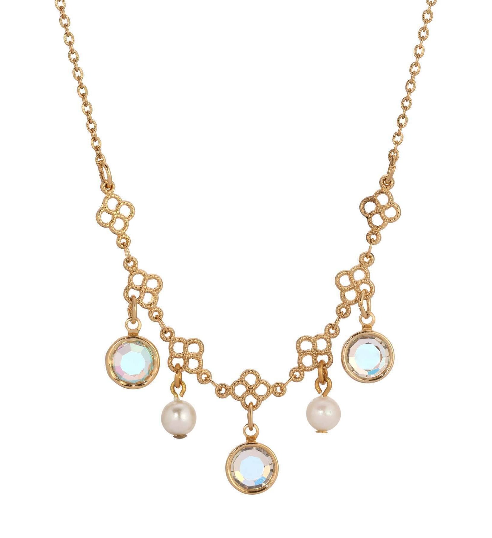 1928 Jewelry Crystal Channel Faux Pearl Drops Necklace 16"