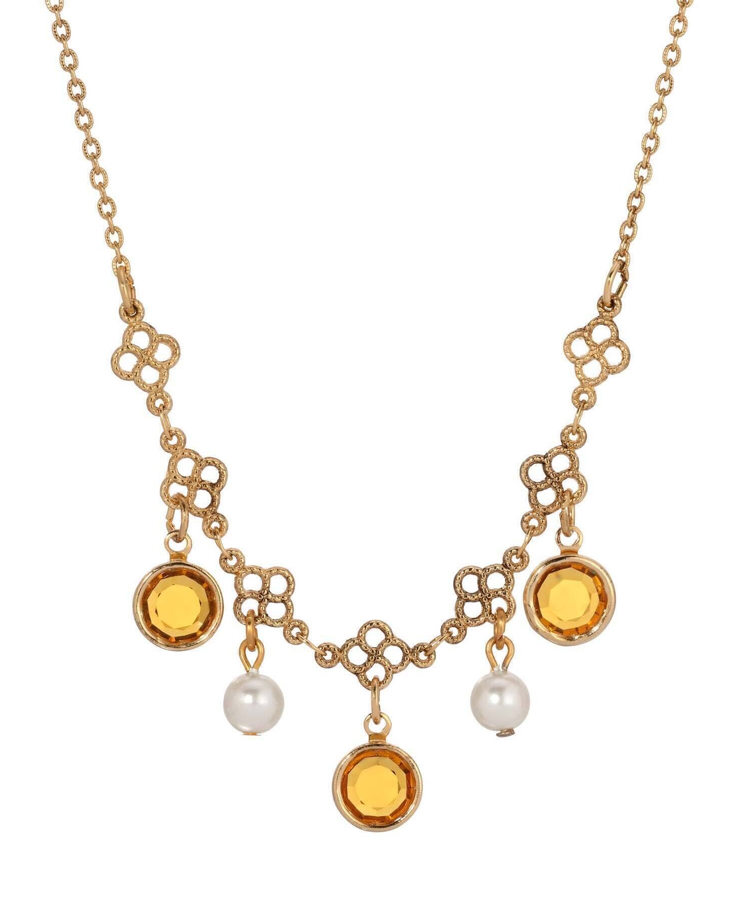 1928 Jewelry Crystal Channel Faux Pearl Drops Necklace 16"