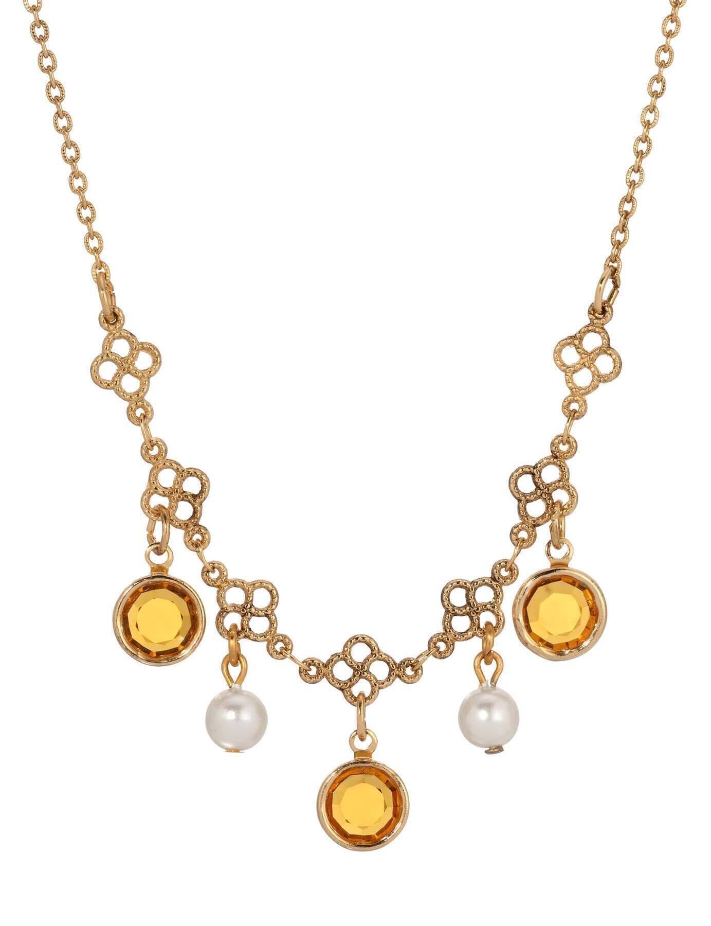 1928 Jewelry Crystal Channel Faux Pearl Drops Necklace 16"