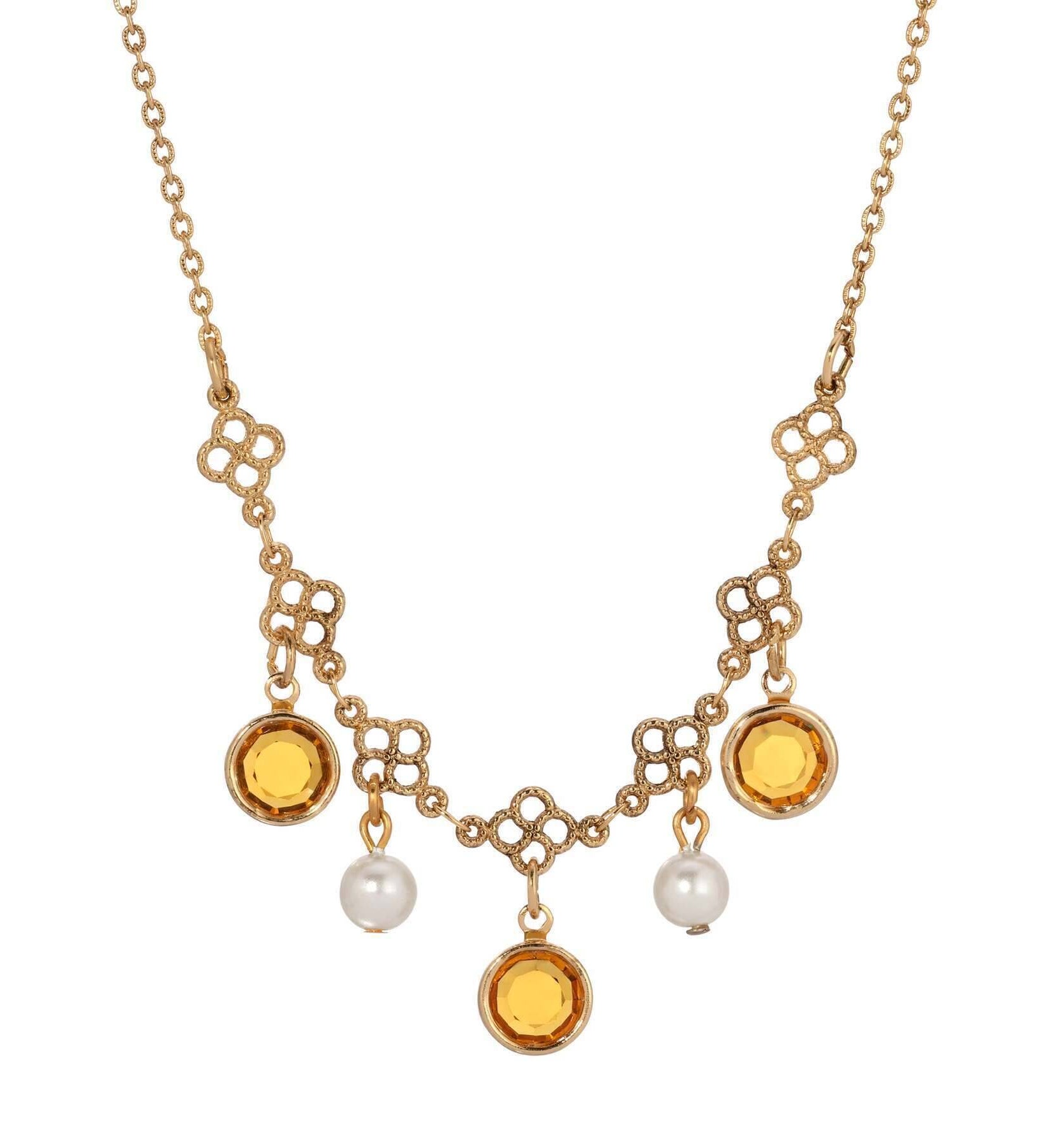 1928 Jewelry Crystal Channel Faux Pearl Drops Necklace 16"