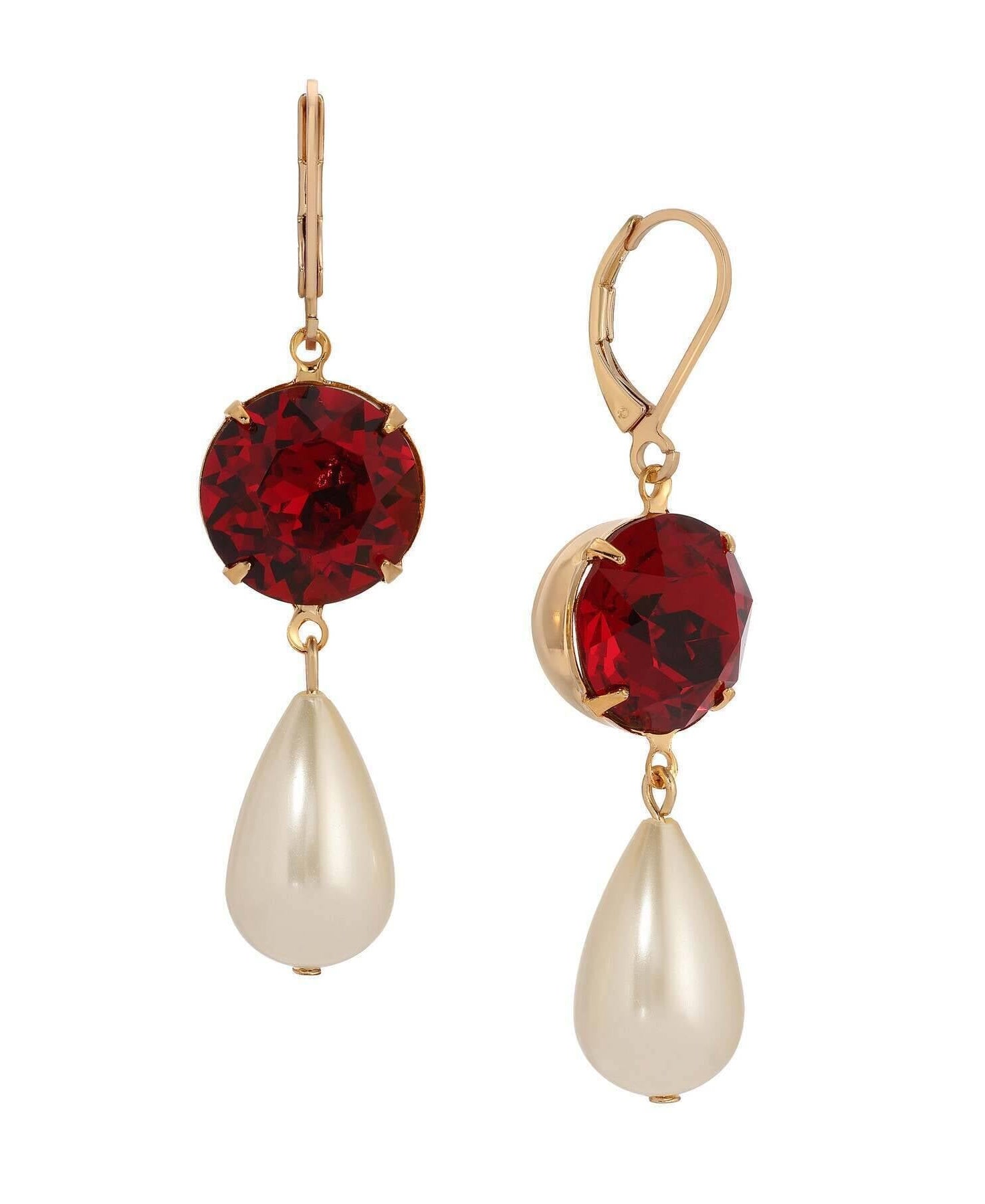 1928 Jewelry Siam Red Euro Crystal Faux Pearl Teardrop Dangling Earrings