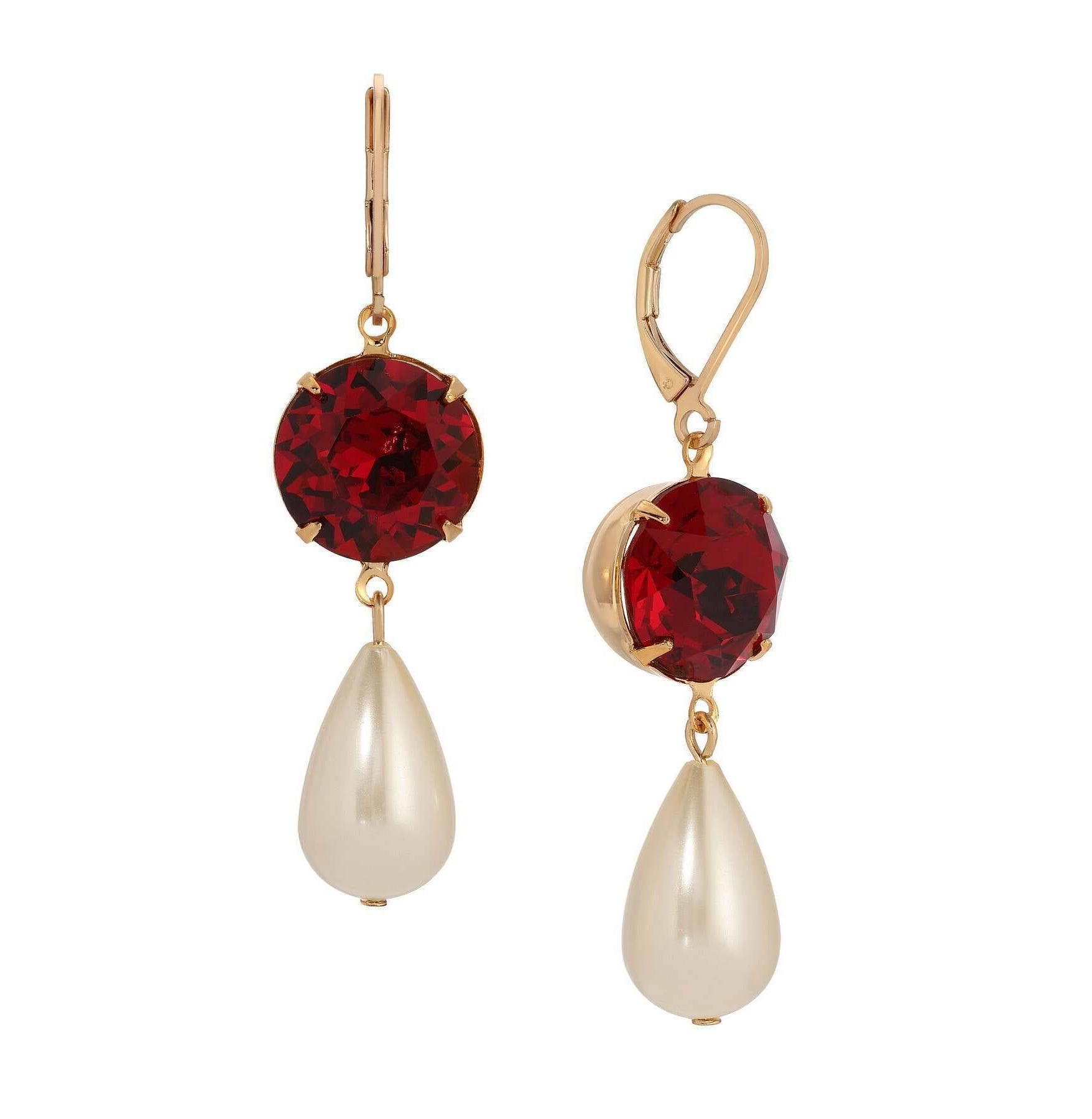 1928 Jewelry Siam Red Euro Crystal Faux Pearl Teardrop Dangling Earrings