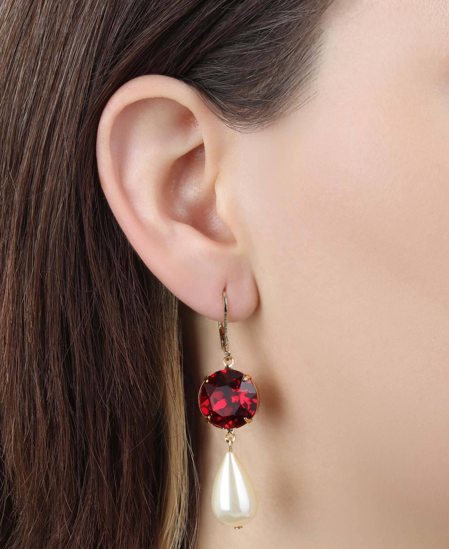 1928 Jewelry Siam Red Euro Crystal Faux Pearl Teardrop Dangling Earrings