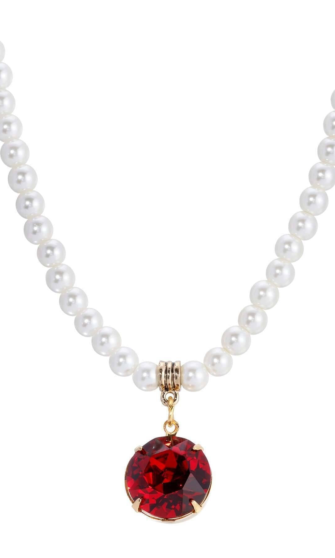 1928 Jewelry Faux Pearl Strand Siam Red Euro Crystal Pendant Necklace 15" + 3"