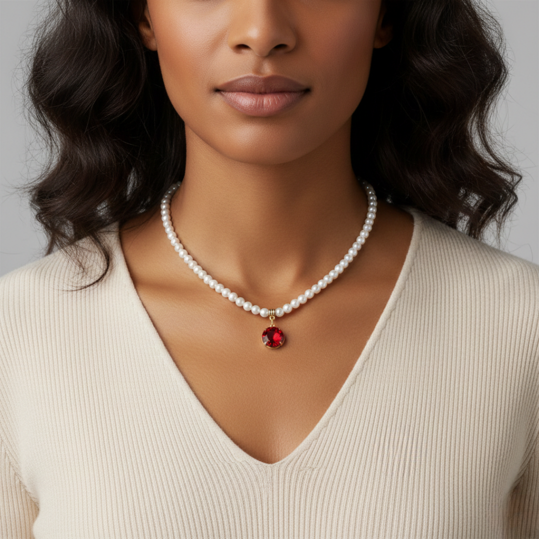 Woman wearing a pearl necklace with a red pendant against a neutral background