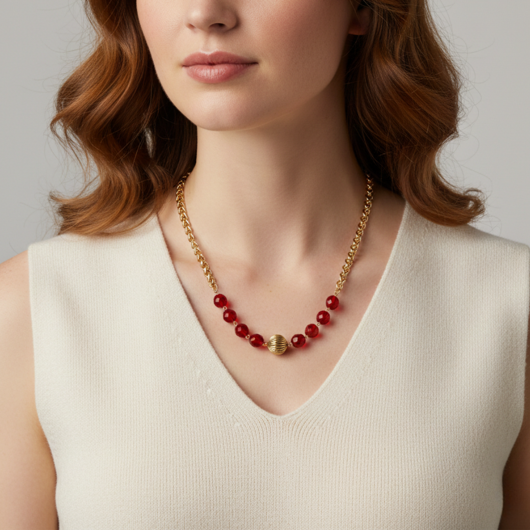Woman wearing a gold and red beaded necklace against a neutral background