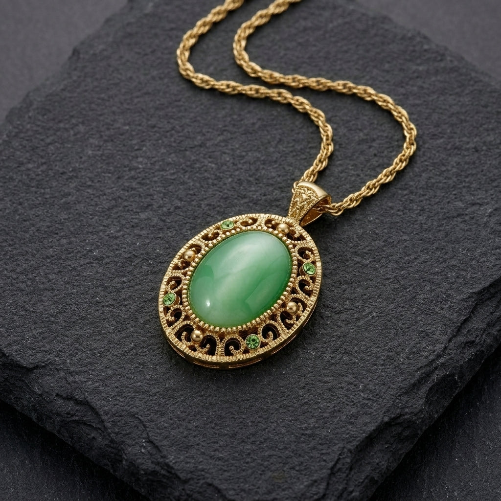 Gold necklace with a green pendant on a dark stone surface