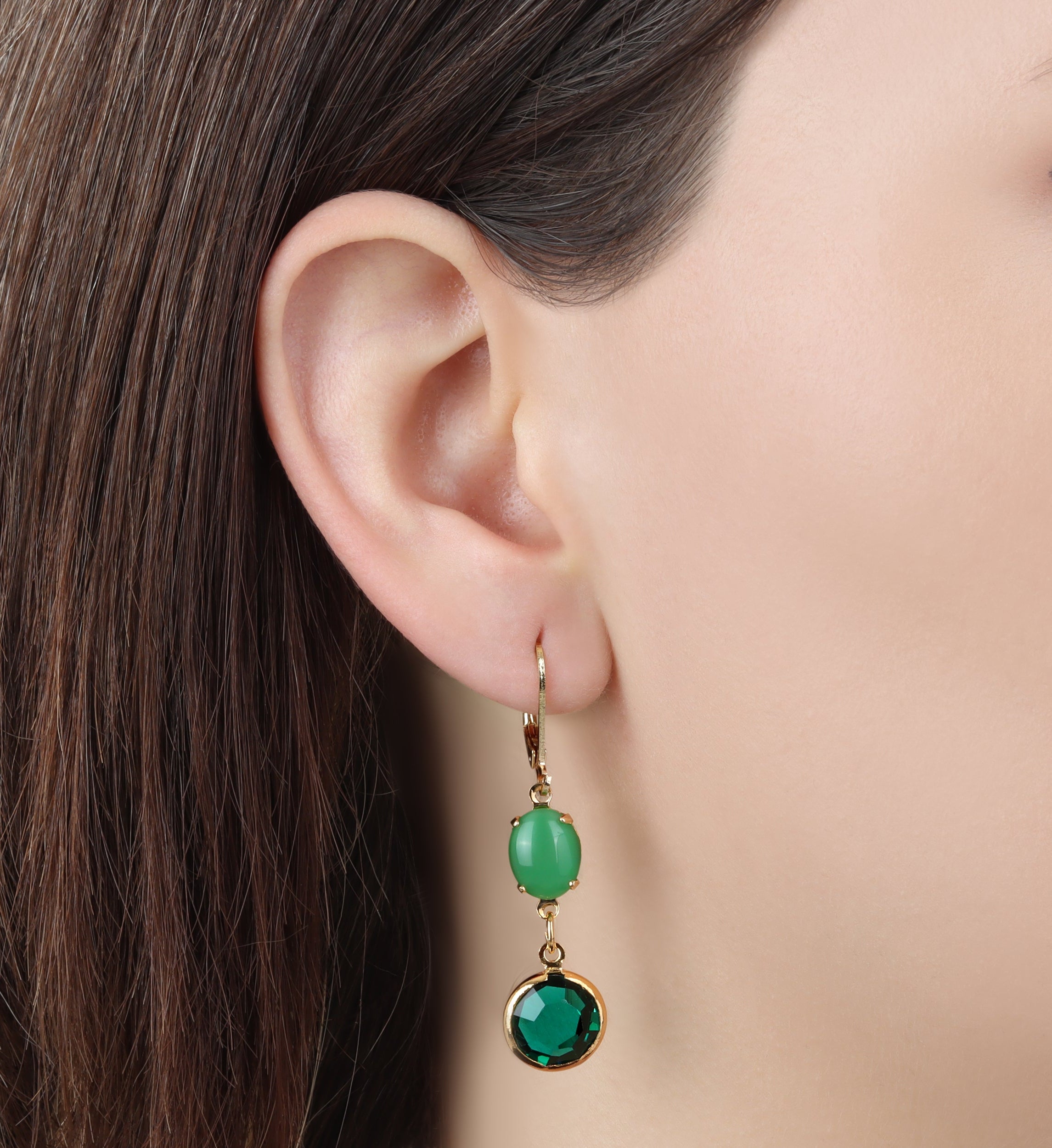 1928 Jewelry Green Moonstone & Emerald Chanel Dangling Earrings