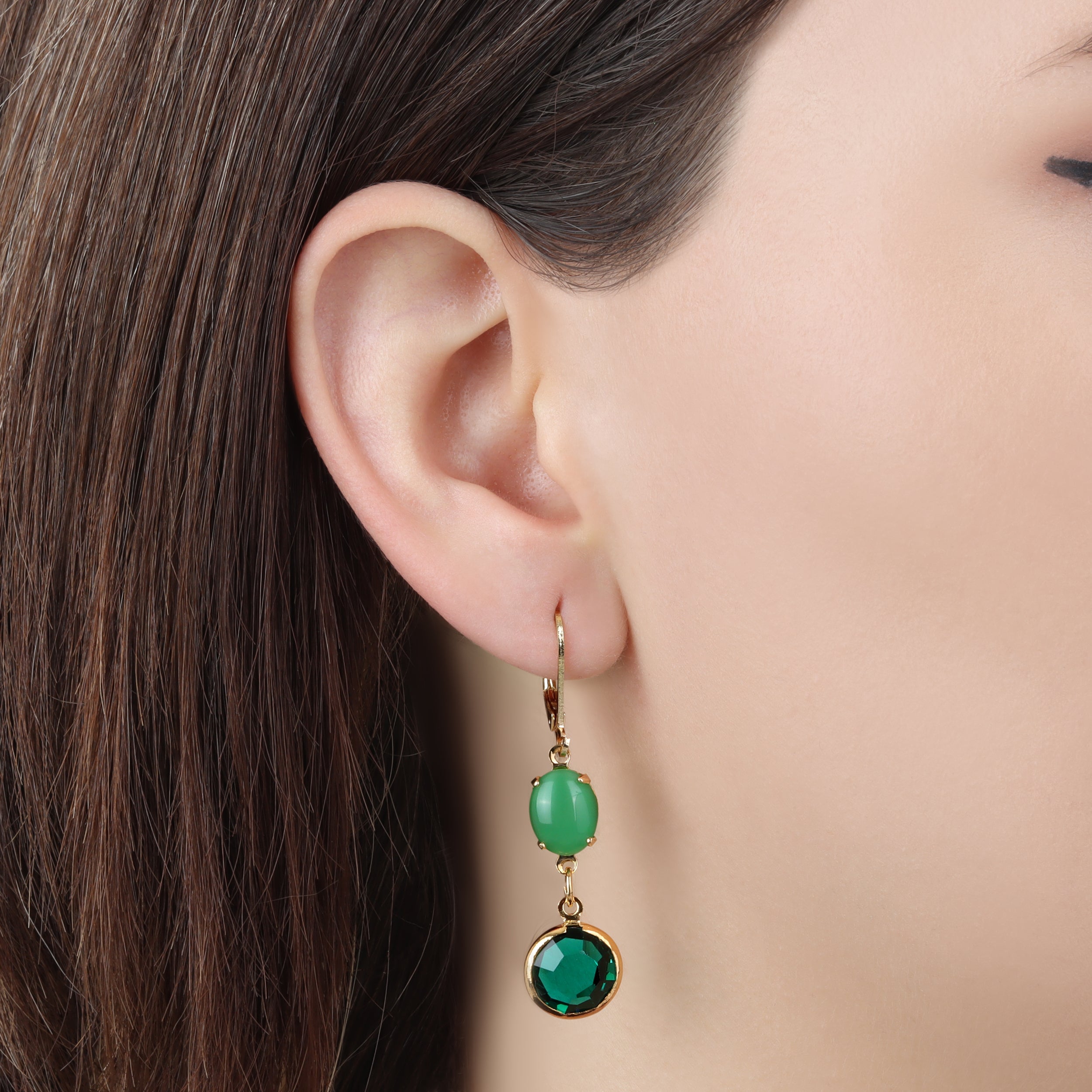 1928 Jewelry Green Moonstone & Emerald Chanel Dangling Earrings