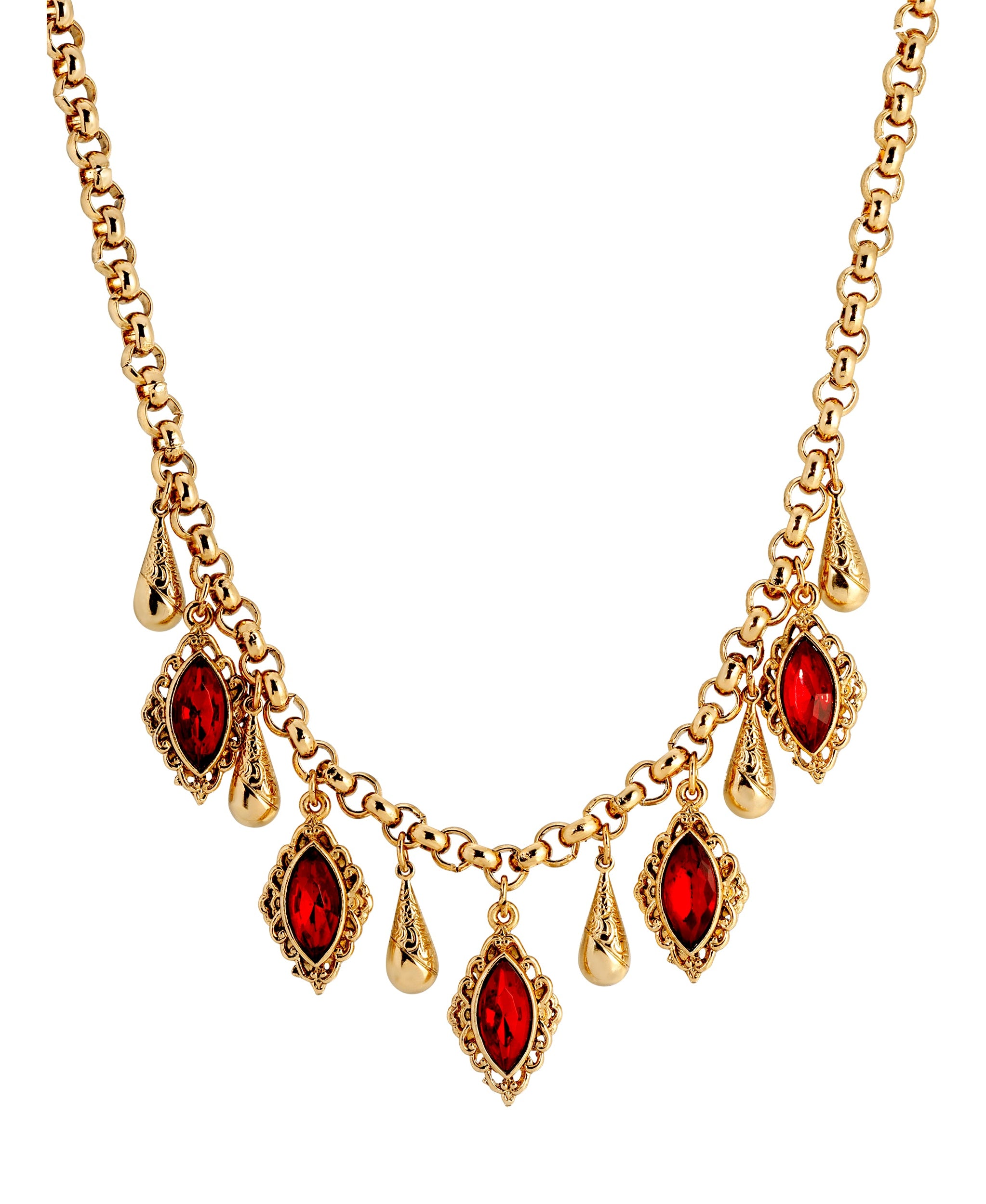 1928 Jewelry Siam Red Ruby Crystal & Vine Teardrop Necklace 16" + 3" Extension
