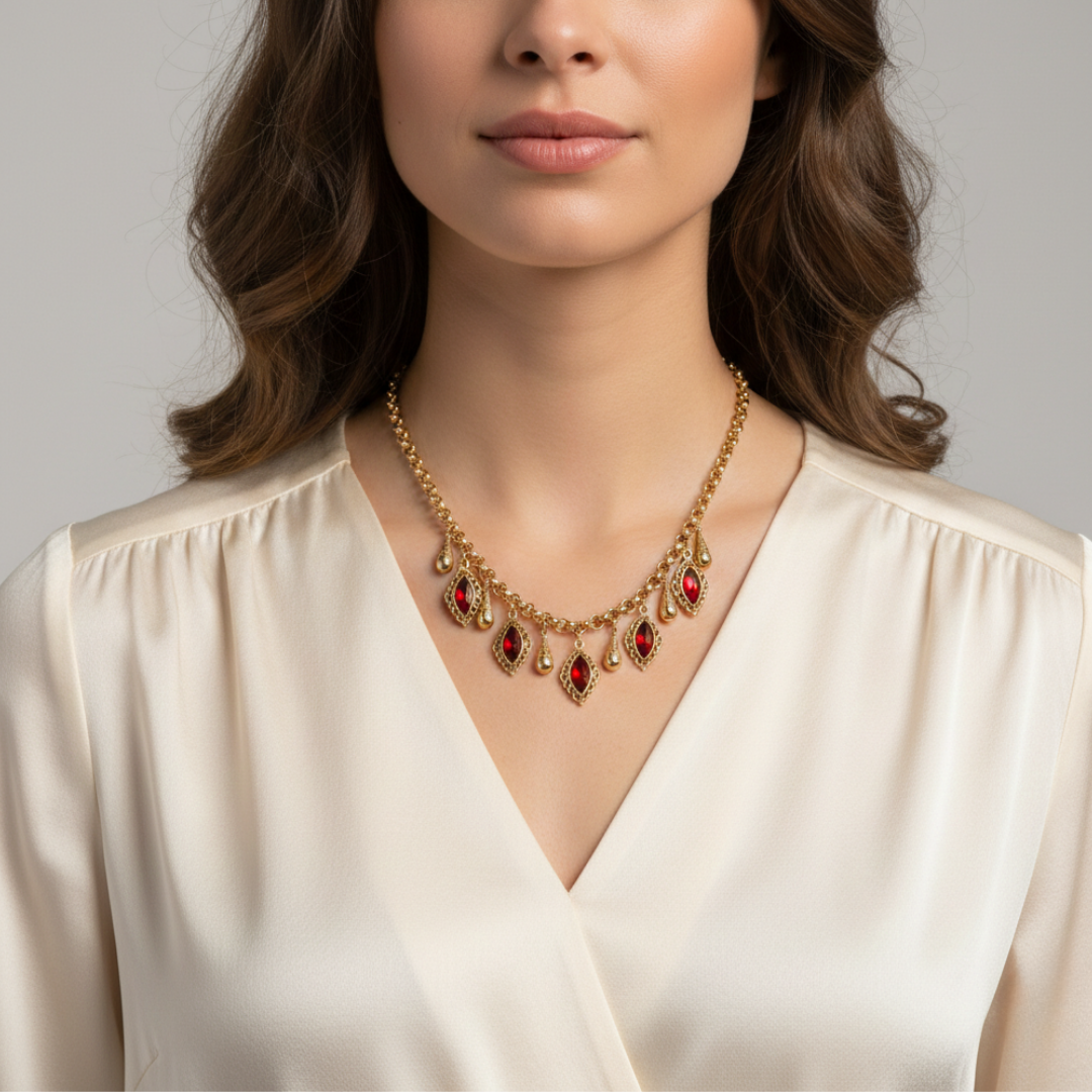 Woman wearing a gold necklace with red stones against a neutral background