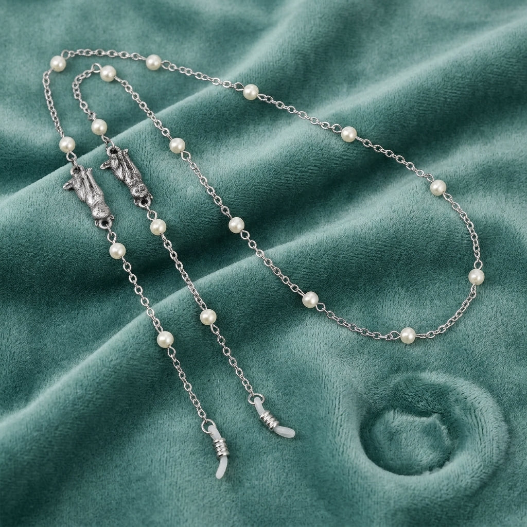 Pewter Round Faux Pearl Cable Chain Eyeglass Holder Necklace on teal fabric
