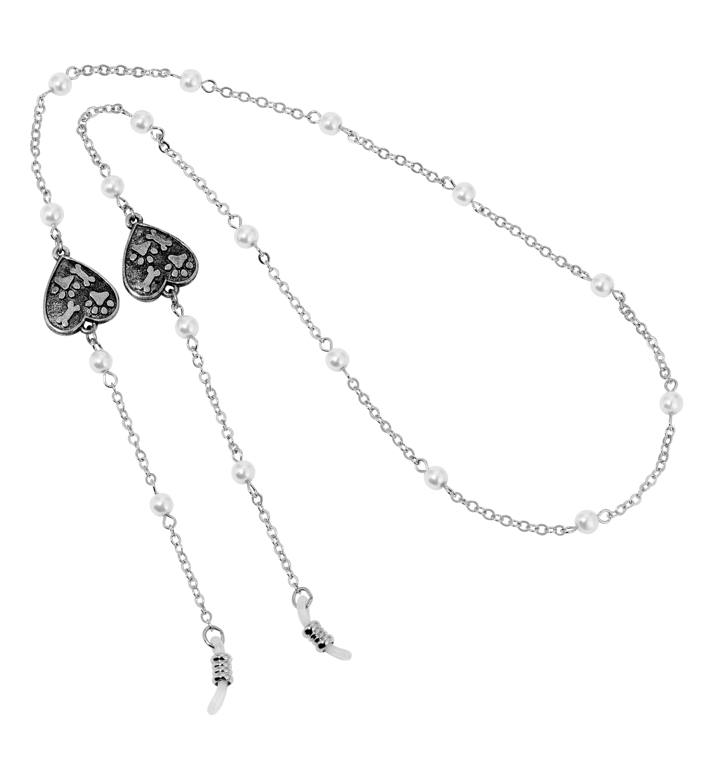 1928 Jewelry Paws & Bones Heart Round Faux Pearl Eyeglass Holder Necklace 26"