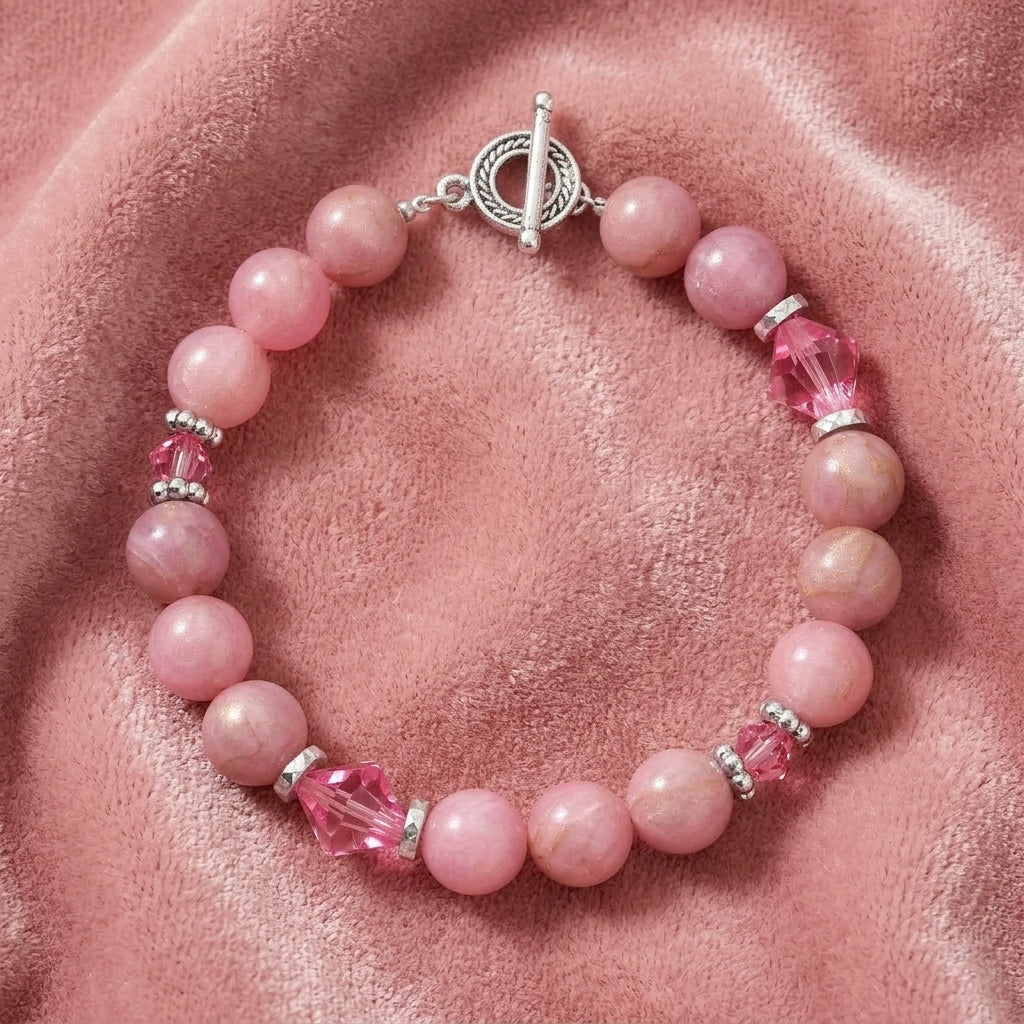 Pink beaded bracelet with silver accents on a pink fabric background
