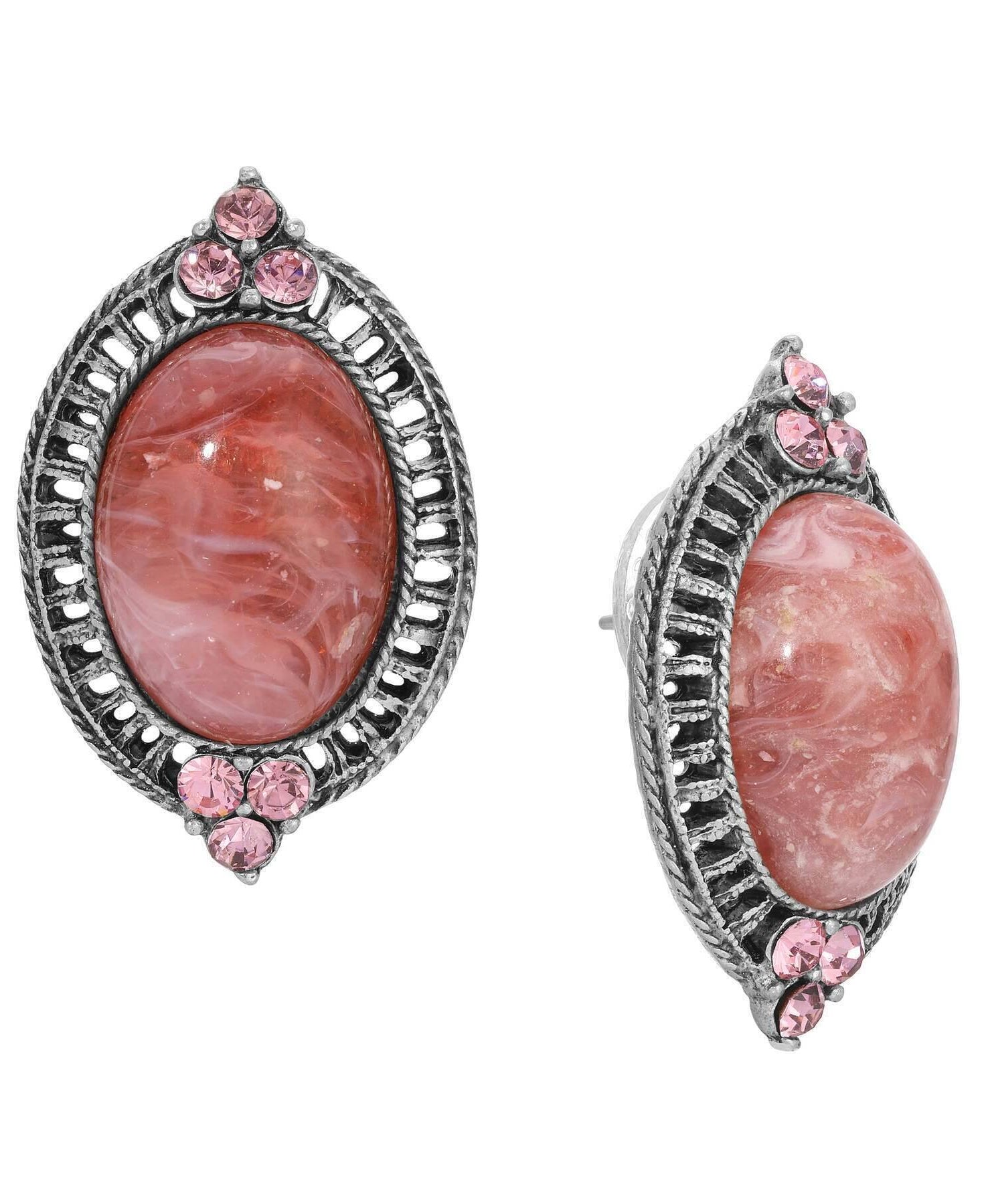 1928 Jewelry Oval Coral Quartz Stone & Light Rose Pink Crystal Post Earrings