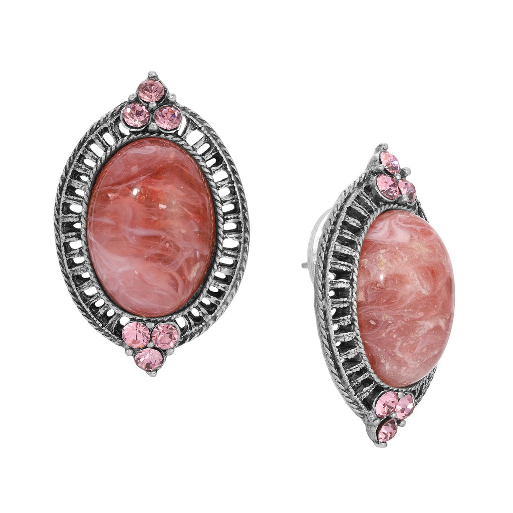 1928 Jewelry Roseate Paradise Oval Coral Quartz Stone & Light Rose Pink Crystal Post Earrings