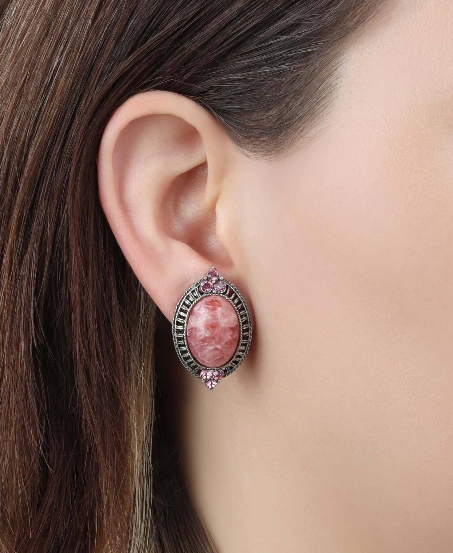 1928 Jewelry Oval Coral Quartz Stone & Light Rose Pink Crystal Post Earrings