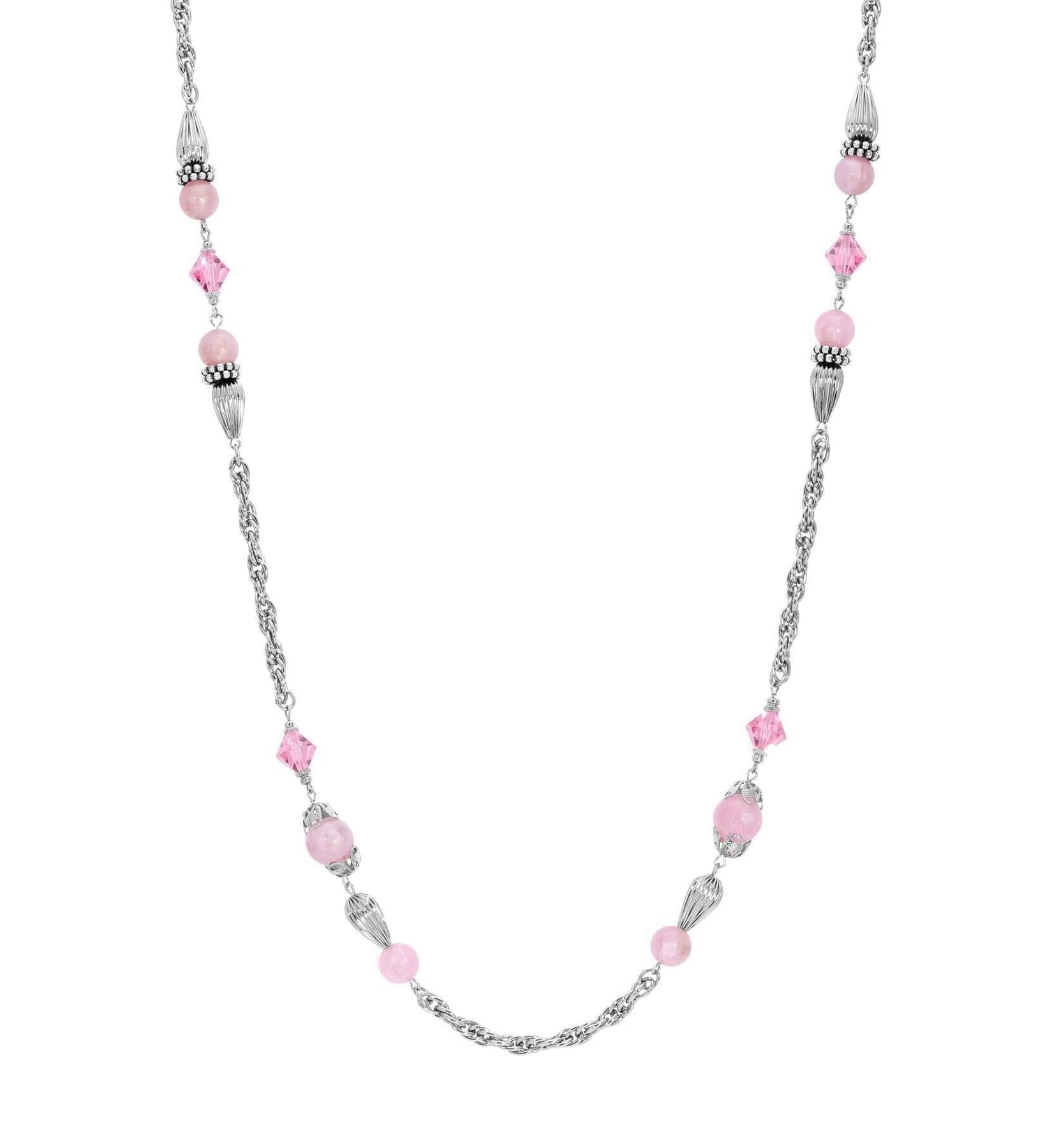 1928 Jewelry Roseate Paradise Peppermint Pink Rose Austrian Crystal Beaded Necklace 32"