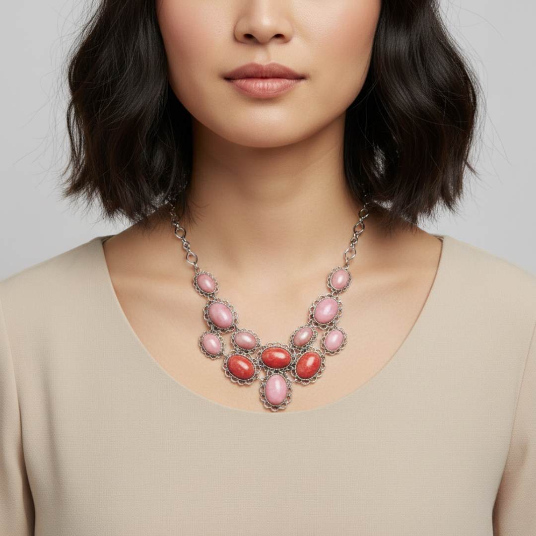 Necklace with pink and red stones worn by a person against a neutral background