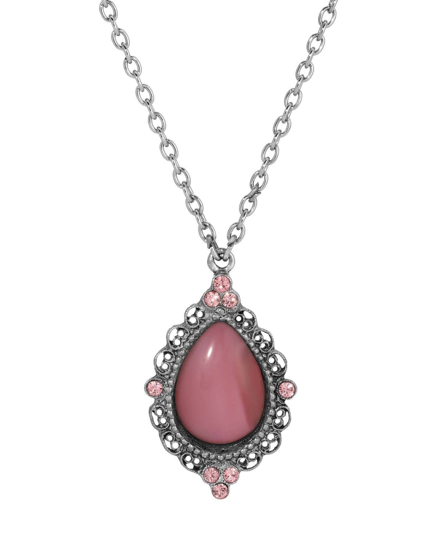 1928 Jewelry Light Rose Pink Crystal Pear Moonstone Pendant Necklace 16" + 3" Extender