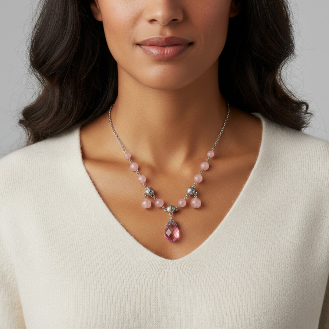 Woman wearing a pink necklace with a gray background