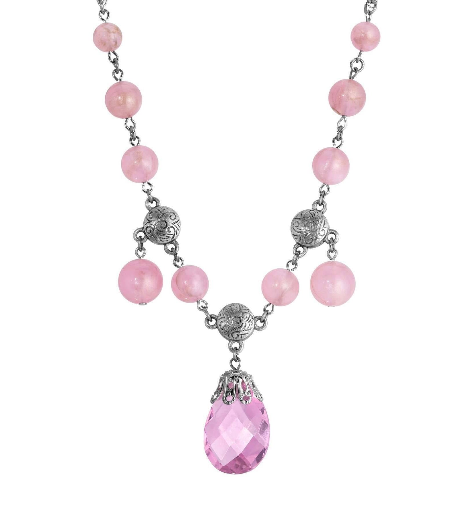 1928 Jewelry Roseate Paradise Peppermint Pink Rose Austrian Crystal Briolette Pendant Necklace 16" + 3" Extension