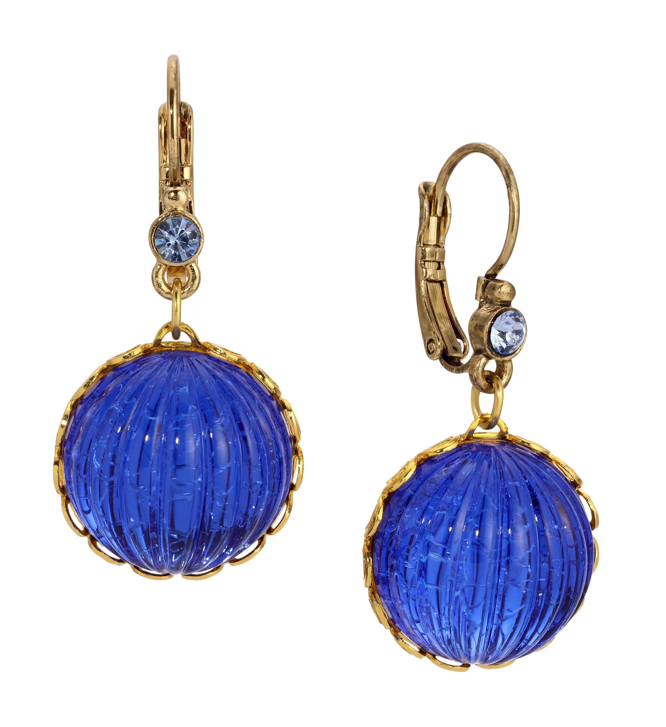 1928 Jewelry Oceanic Sapphire Blue Fluted Stone Dangling Earrings