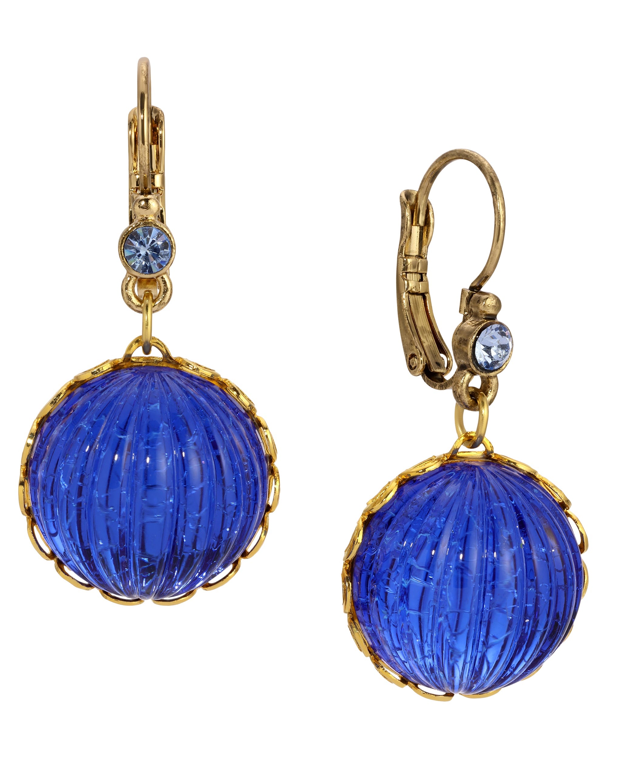 1928 Jewelry Oceanic Sapphire Blue Fluted Stone Dangling Earrings