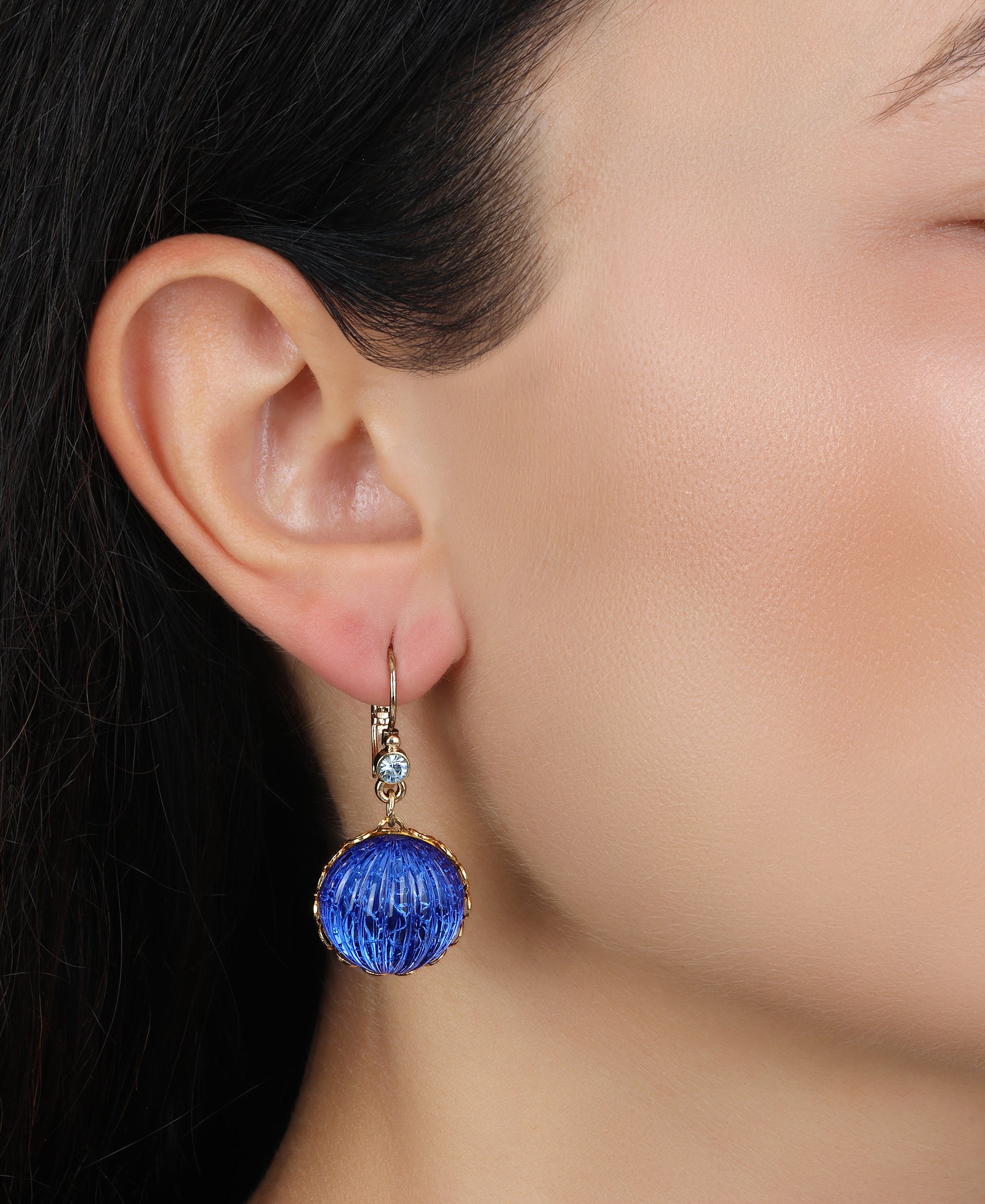 1928 Jewelry Oceanic Sapphire Blue Fluted Stone Dangling Earrings