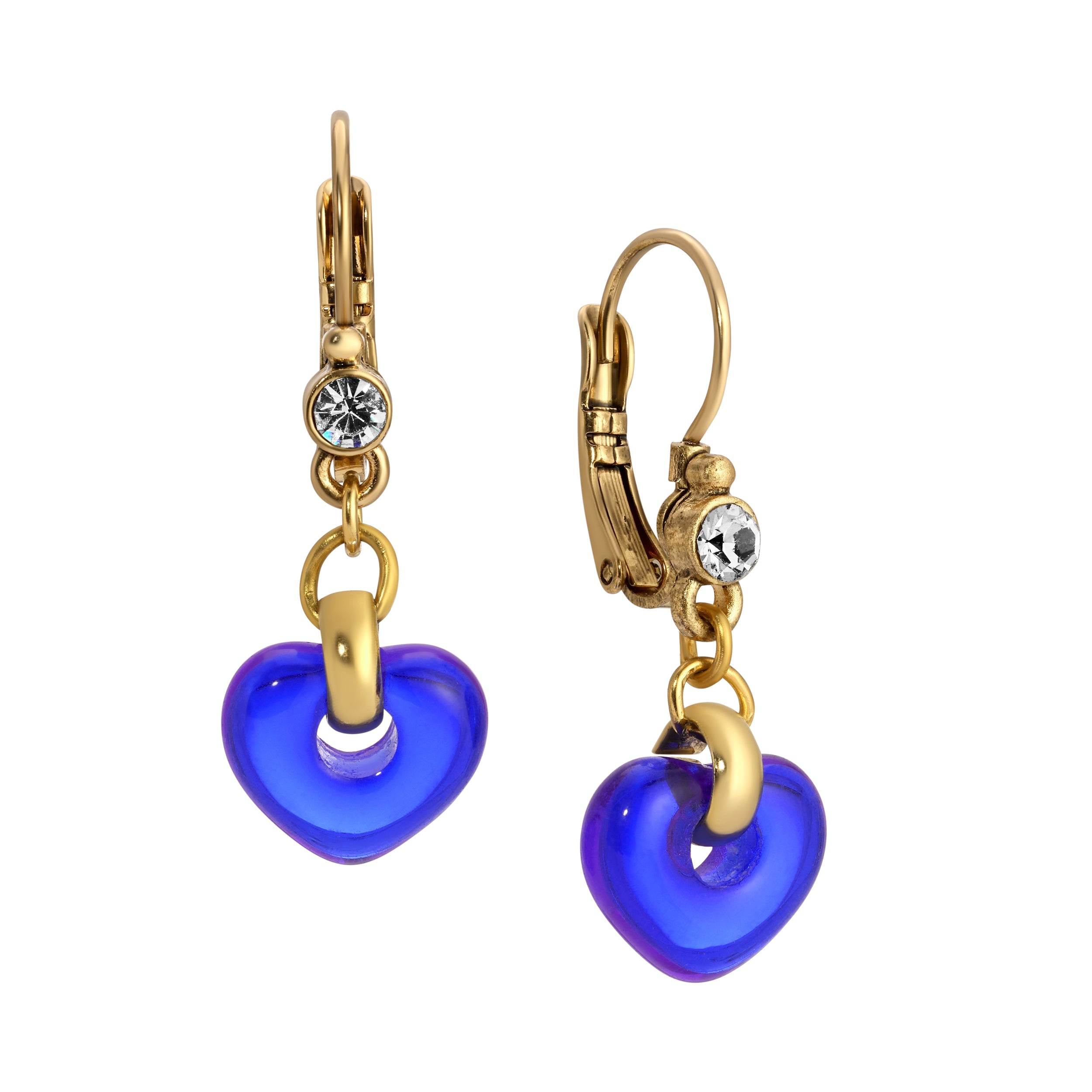 1928 Jewelry Vintage Blue Glass Heart Drop Crystal Earrings