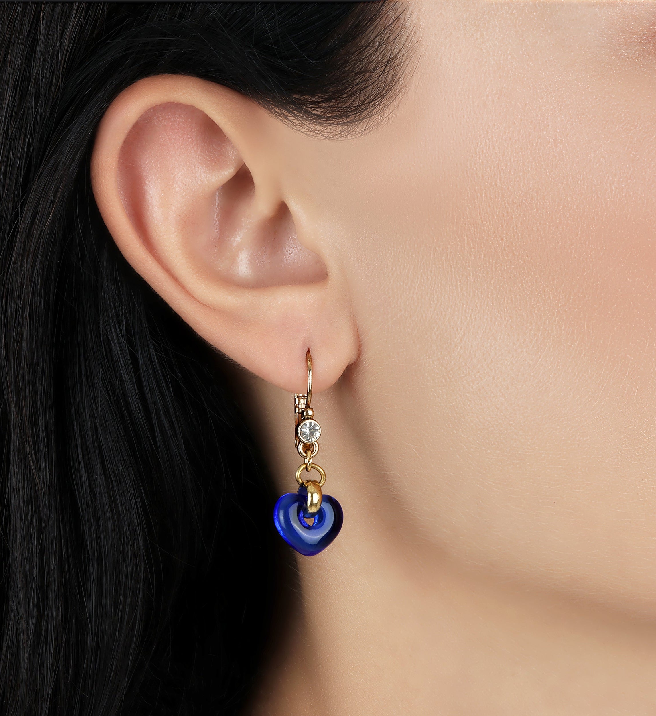 1928 Jewelry Vintage Blue Glass Heart Drop Crystal Earrings