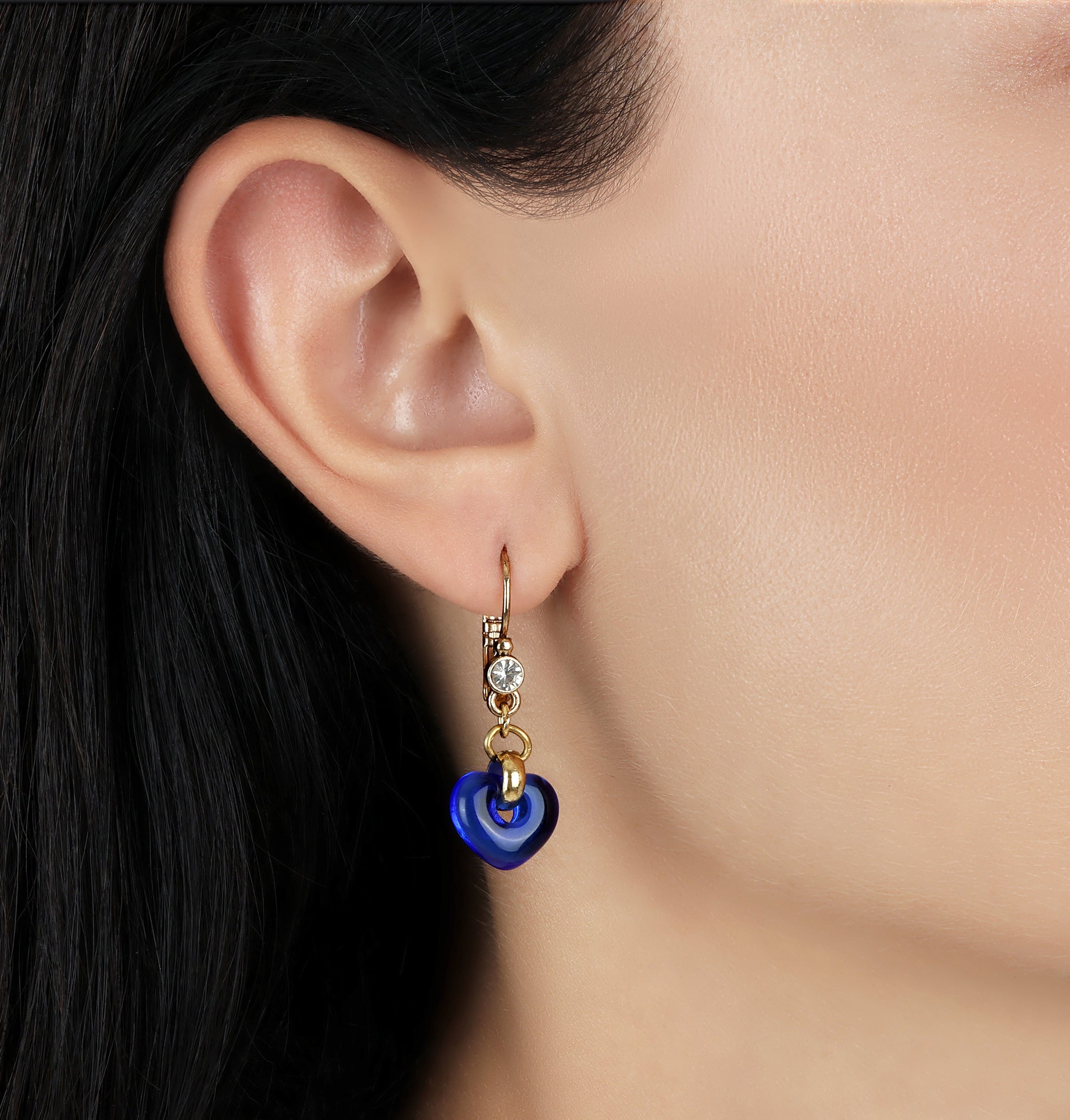 1928 Jewelry Vintage Blue Glass Heart Drop Crystal Earrings