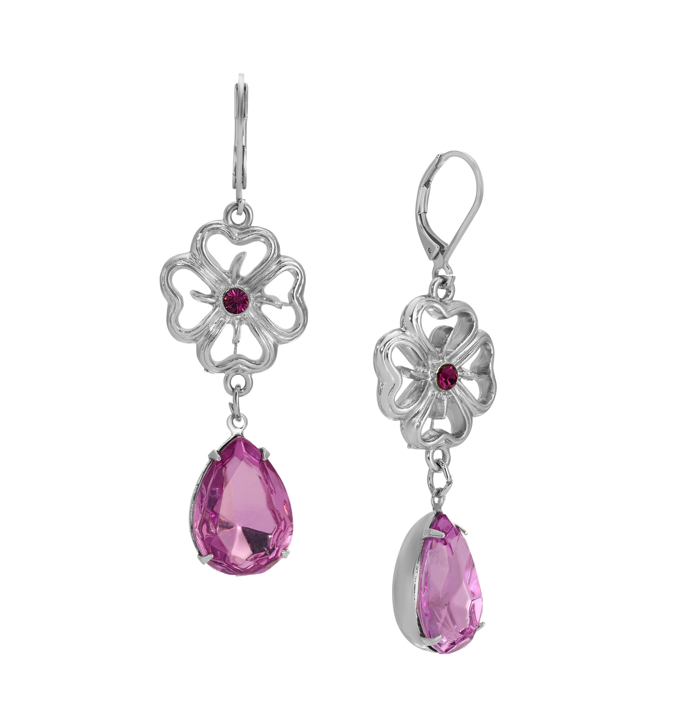 1928 Jewelry Four-Leaf Clover Amethyst Crystal Dangling Earrings