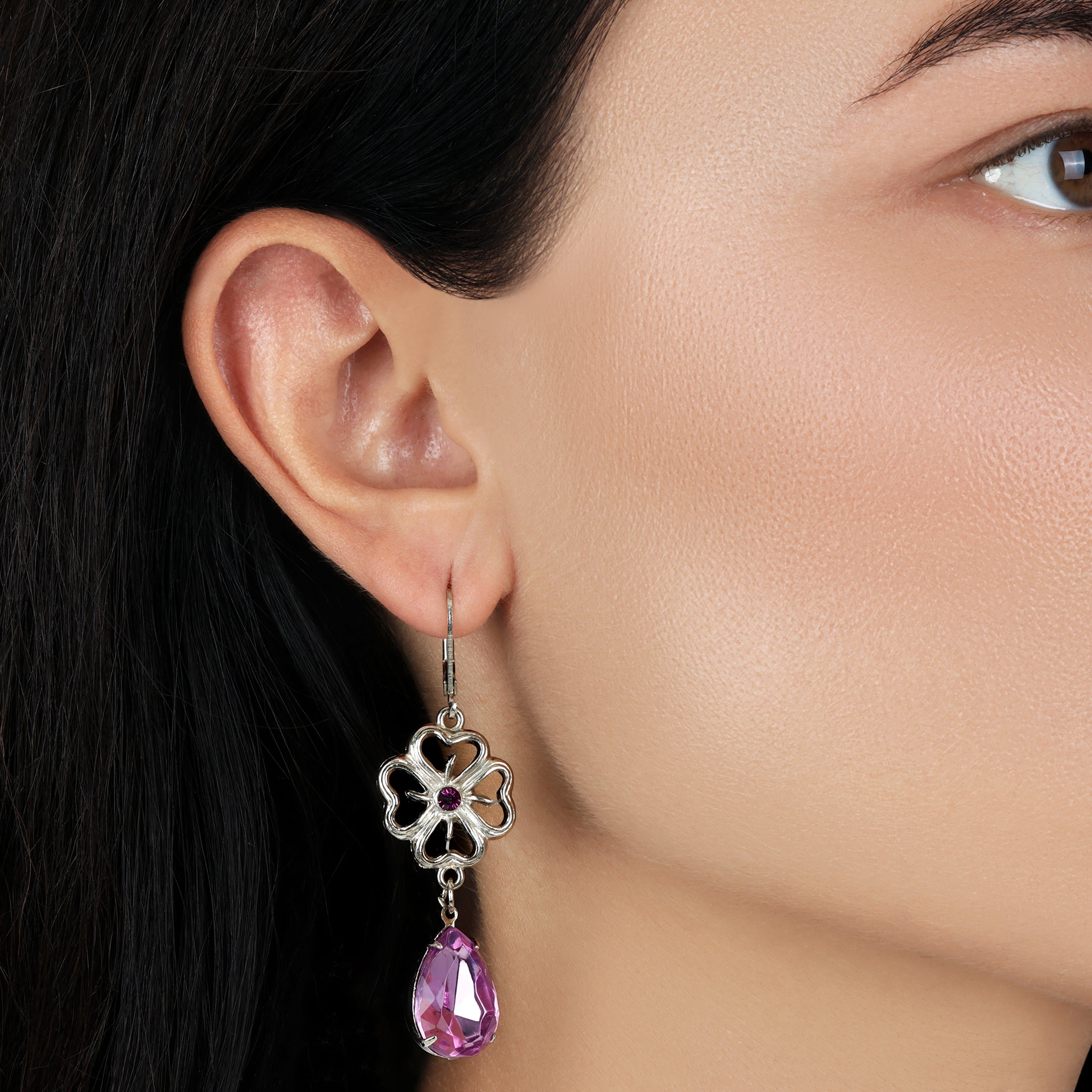 1928 Jewelry Four-Leaf Clover Amethyst Crystal Dangling Earrings