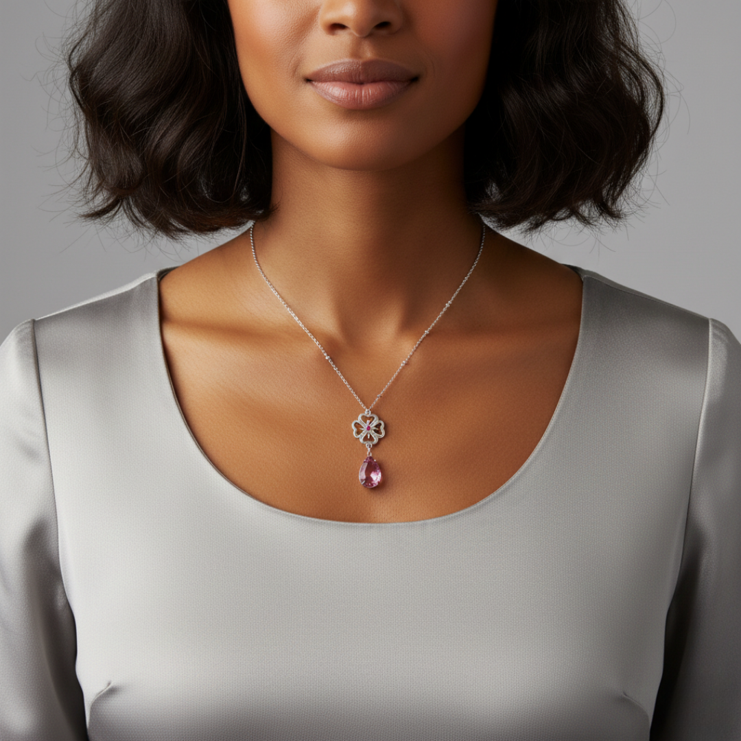 Woman wearing a necklace with a pink pendant against a neutral background