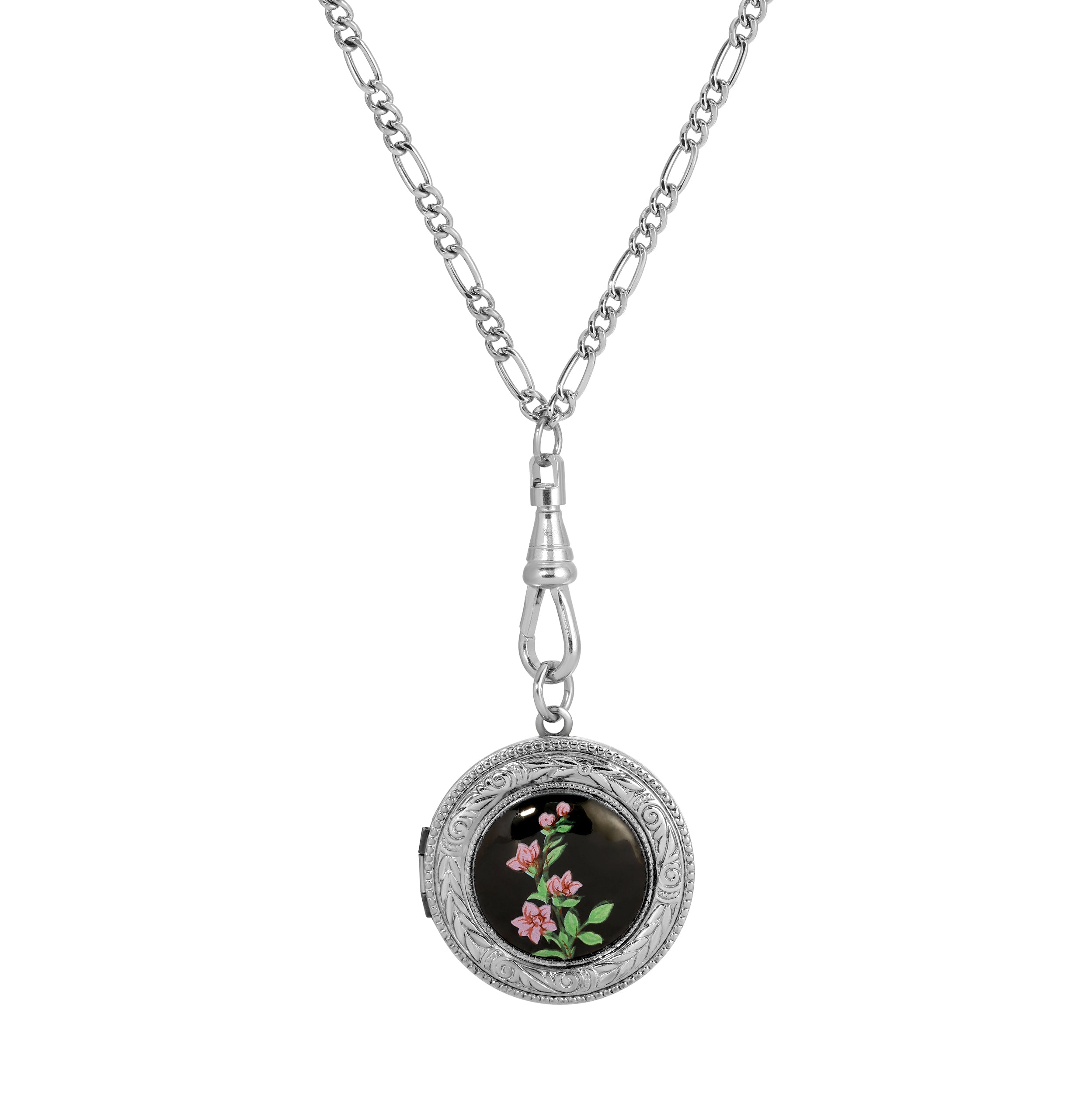 1928 Jewelry Pink Blossoms Swivel Round Locket Pendant Necklace 28"