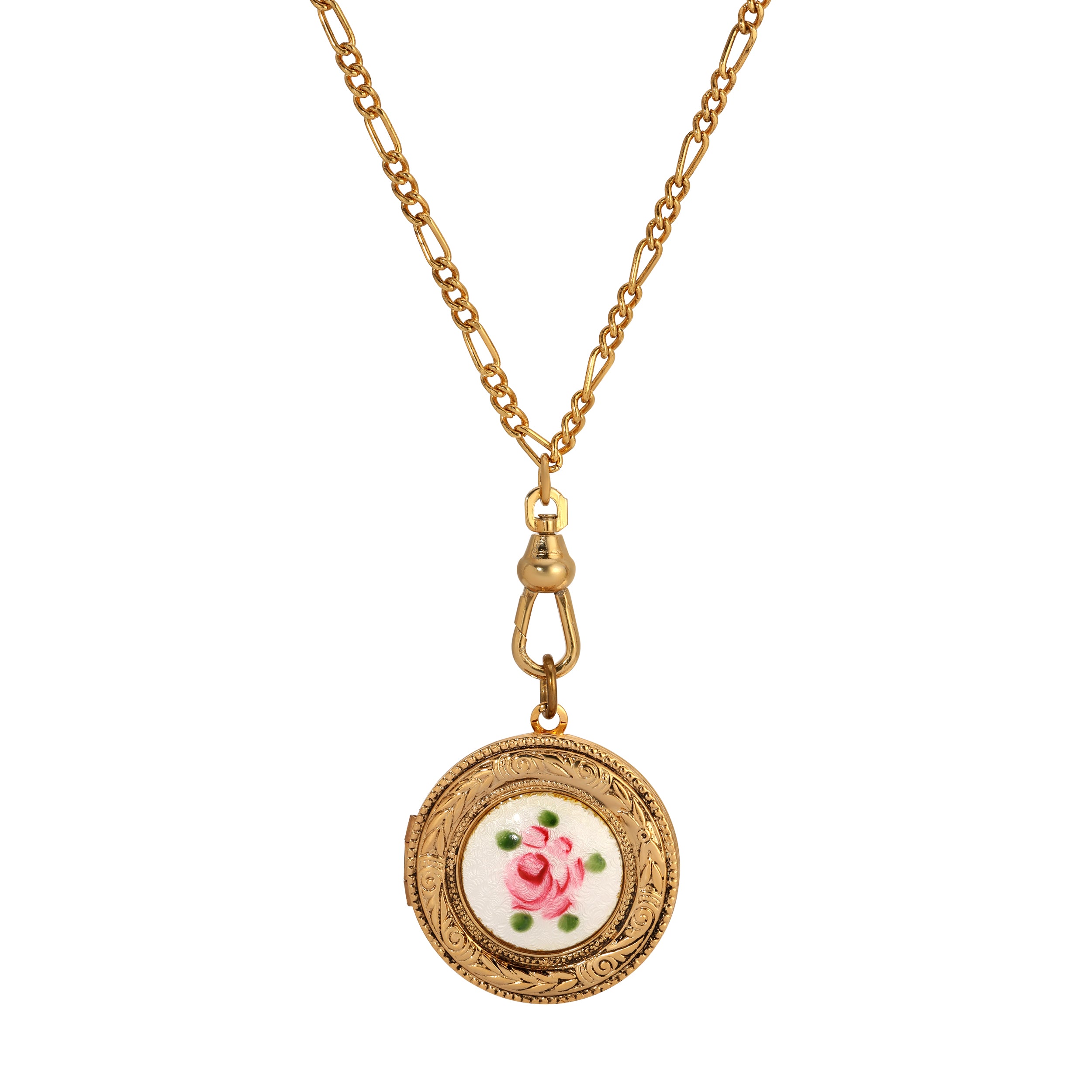 Gold Tone Artisan Pink Rosebud Swivel Photo Locket Necklace 28"