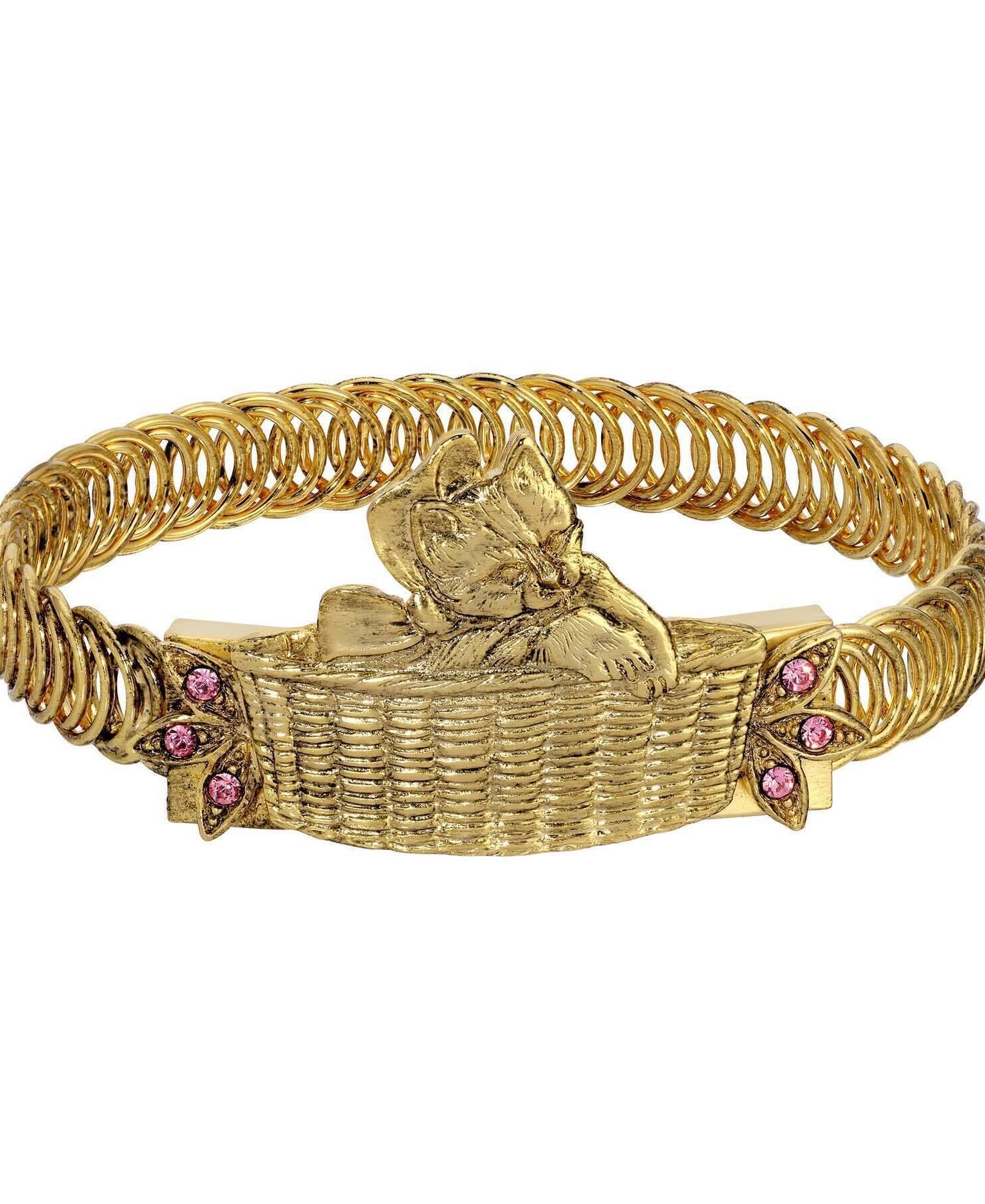 1928 Jewelry Bowtie Kitten In A Basket Pink Crystal Belt Bracelet