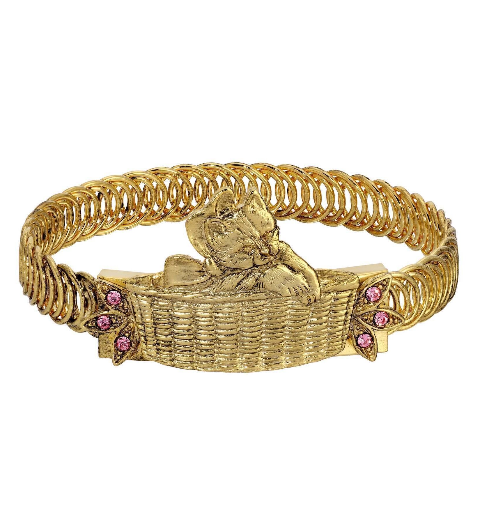 1928 Jewelry Bowtie Kitten In A Basket Pink Crystal Belt Bracelet
