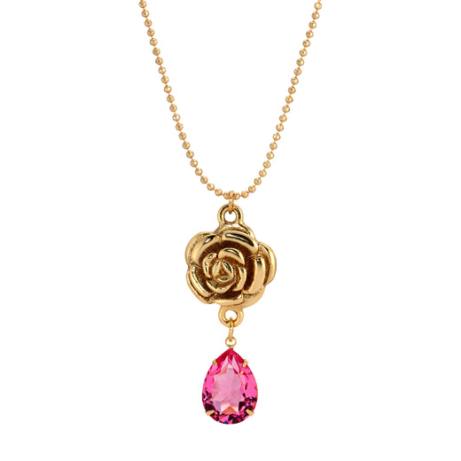Golden Flower & Pink Glass Teardrop Pendant Necklace 18"